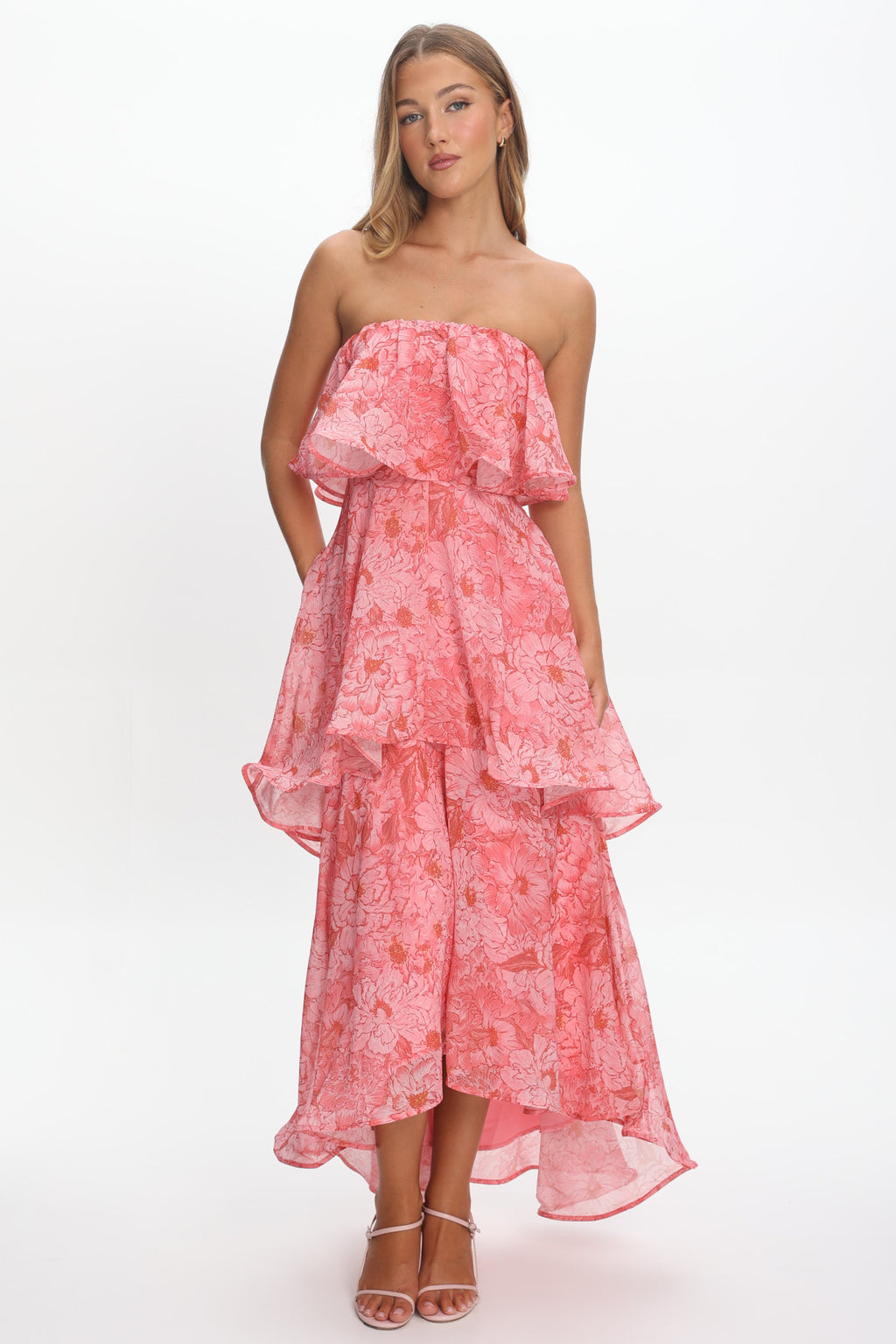 Honfleur Strapless Layered Maxi Dress Print Pink by Selfie Leslie