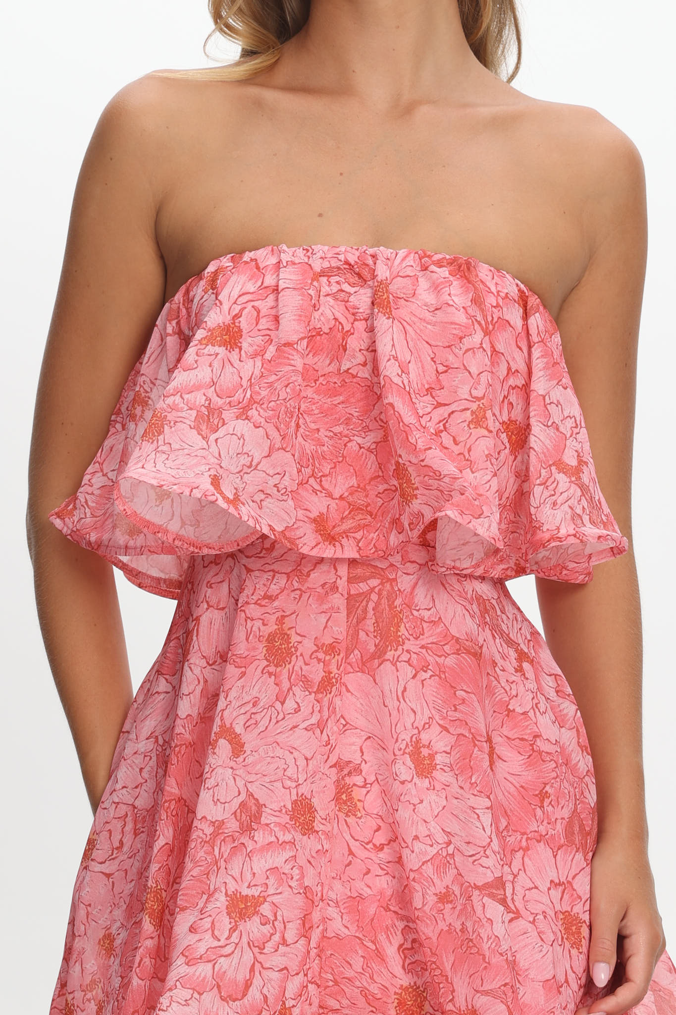 selfie leslie pink strapless dress South Pacific Strapless Strappy Back Midi Length Floral Pink