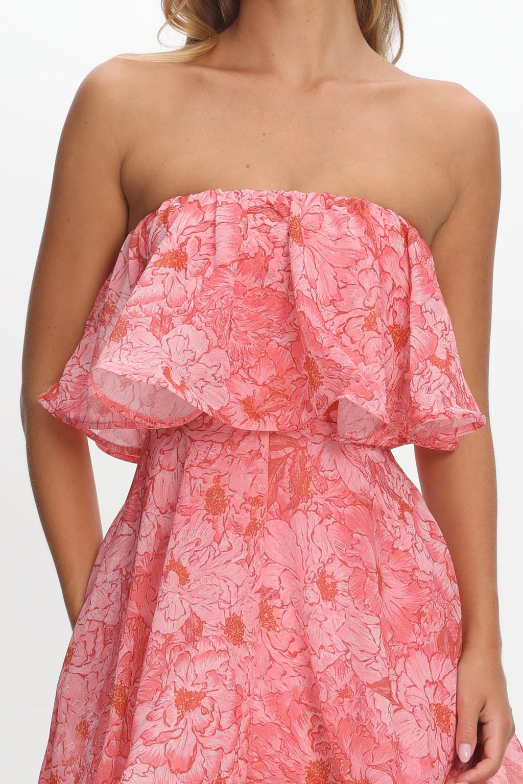 Honfleur Strapless Layered Maxi Dress Print Pink by Selfie Leslie