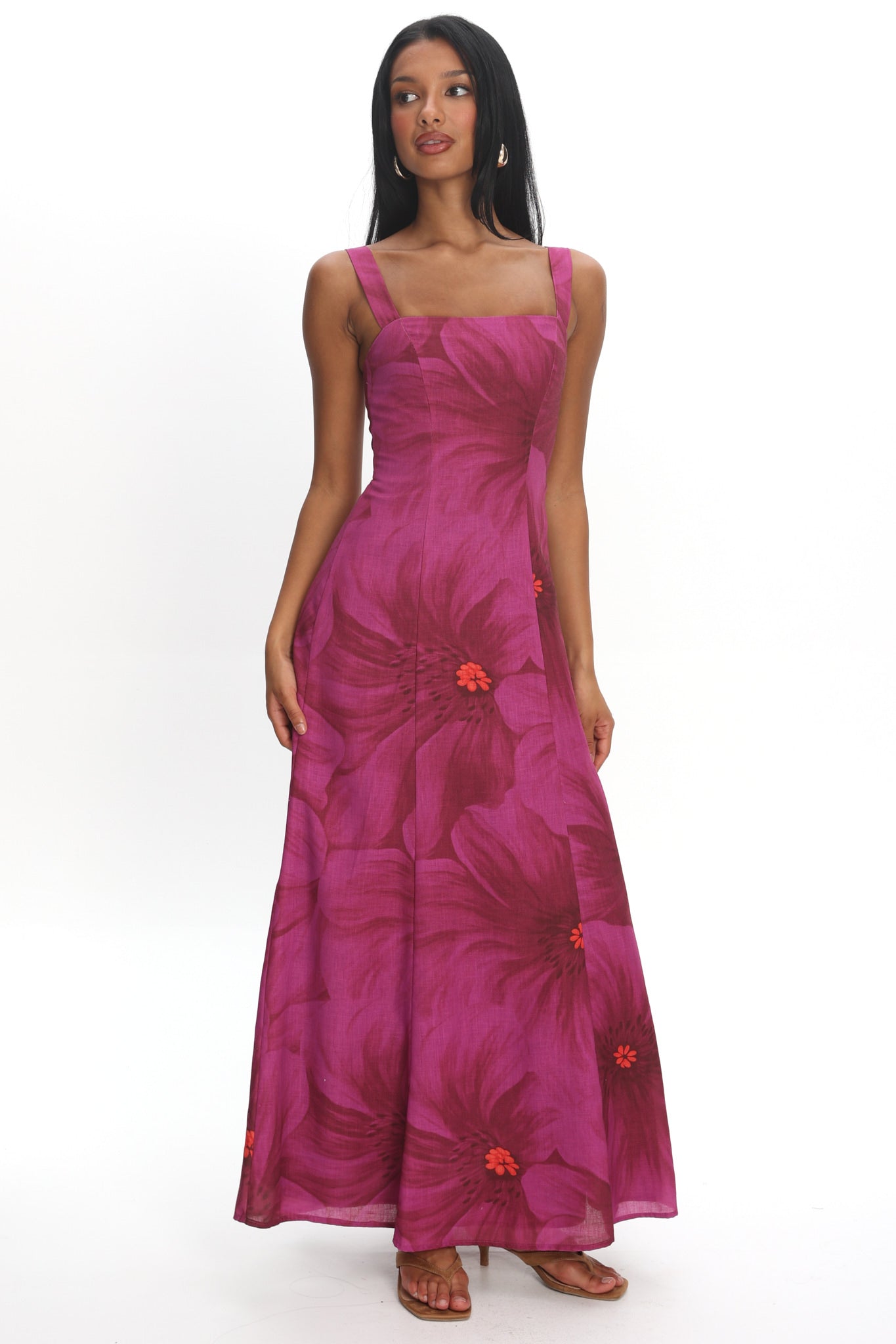 Teressa Square Neck Maxi Dress Floral Fuchsia | Selfie Leslie