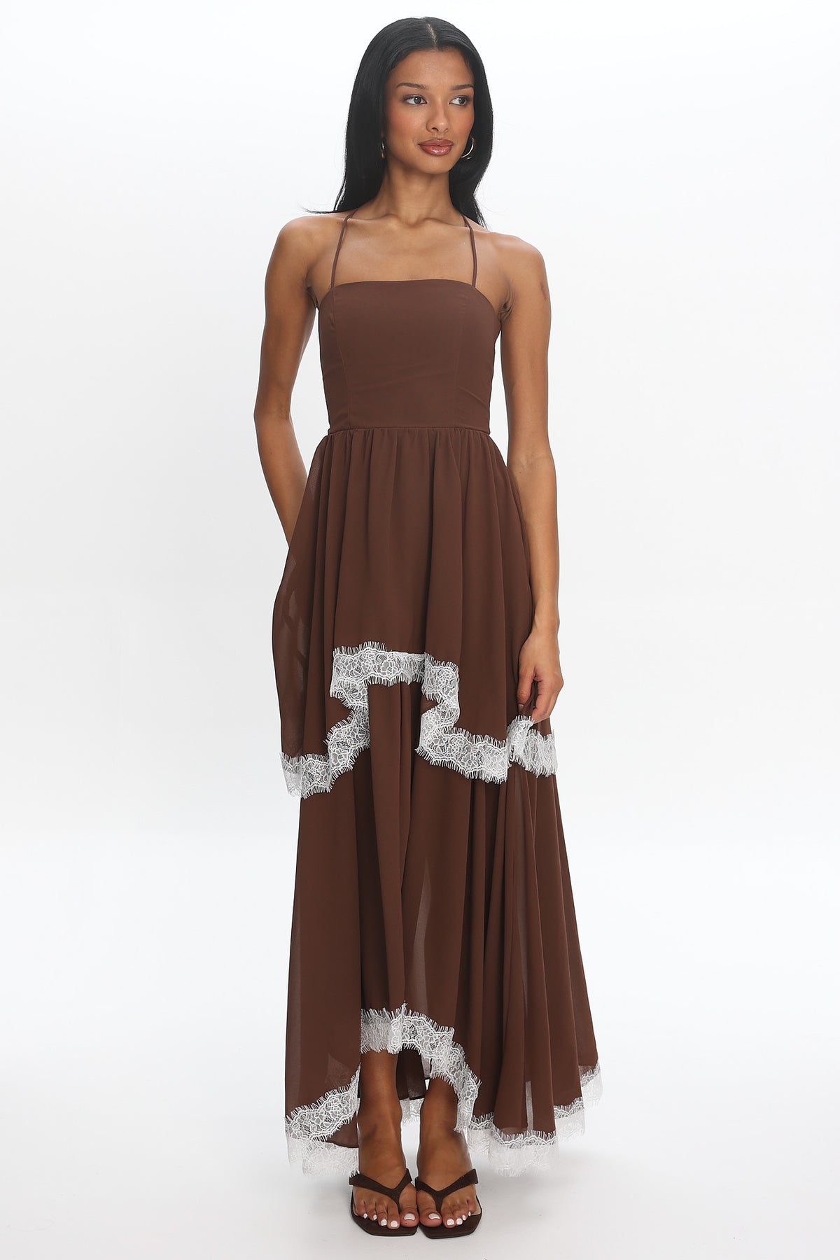Sunrise on Sunset Lace Trim Maxi Dress Chocolate