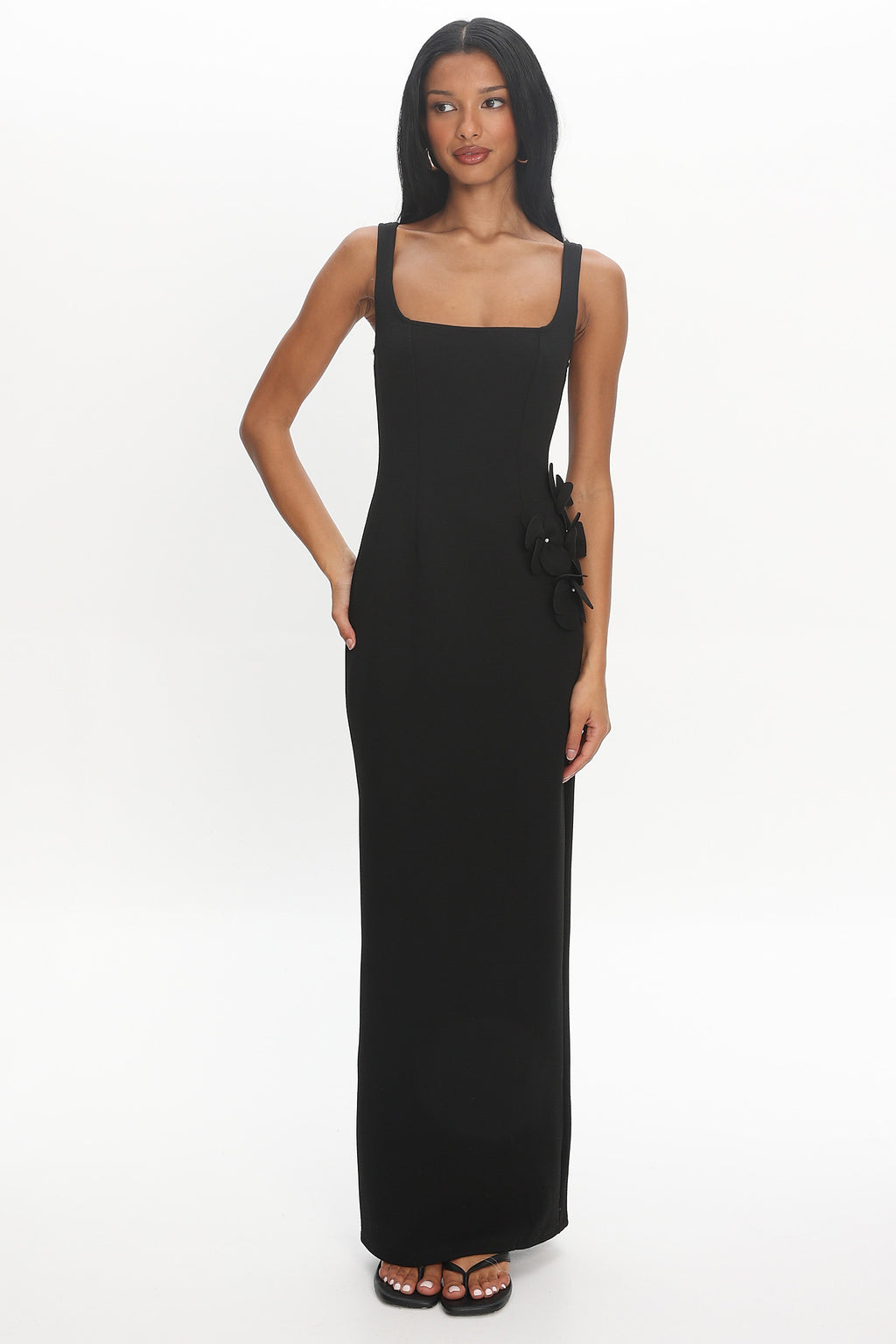 Olandra 3D Floral Maxi Dress Black