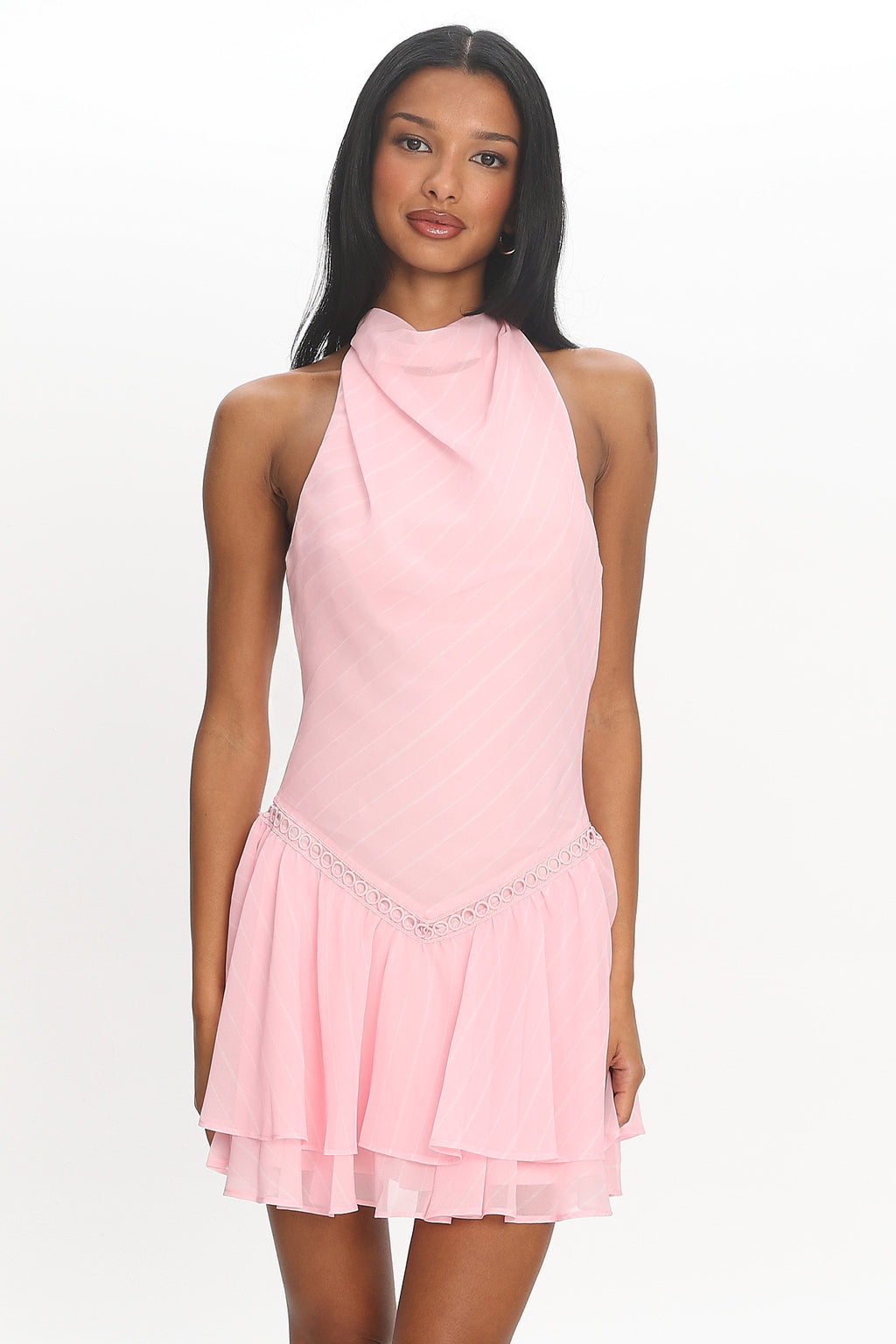 light pink halter mini dress Arella Halter Coquette Satin Mini Dress