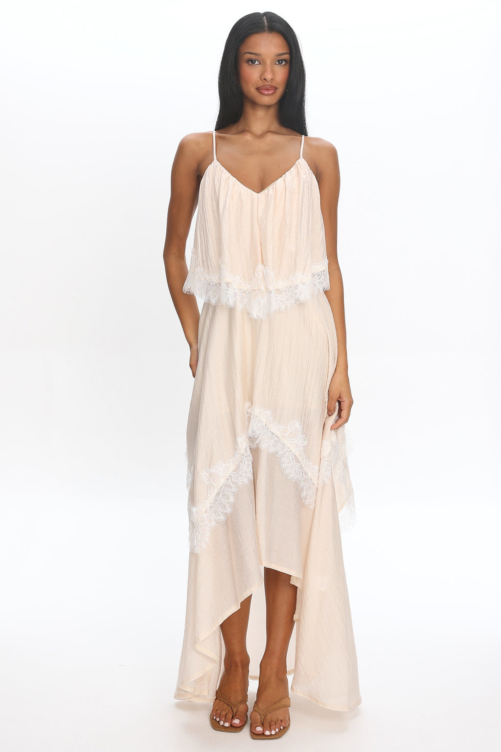 Ivory Dreams Lace-Trim Maxi Dress Cream