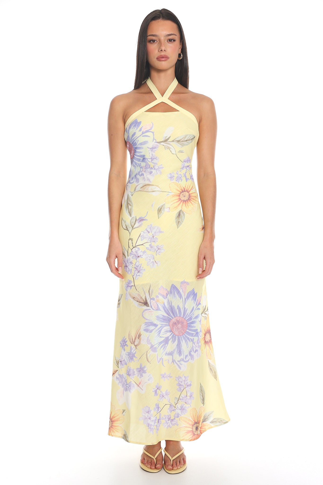 Aulia Floral Halter Maxi Dress Baby Yellow
