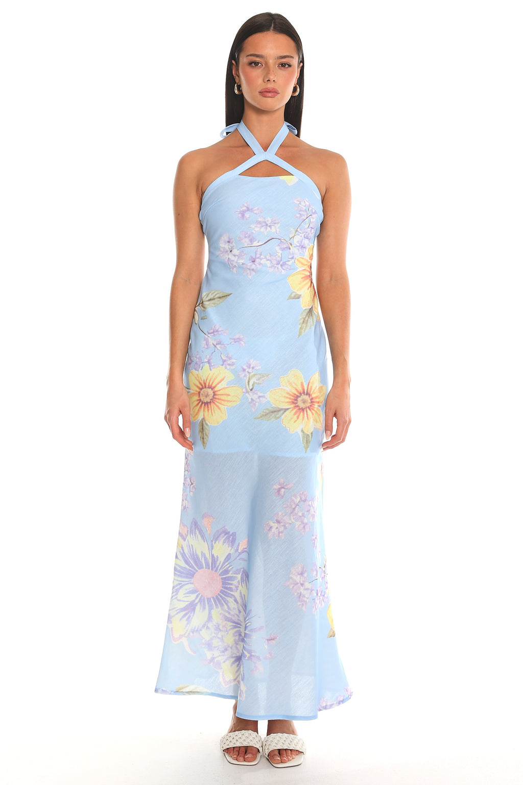 Aulia Floral Halter Maxi Dress Baby Blue