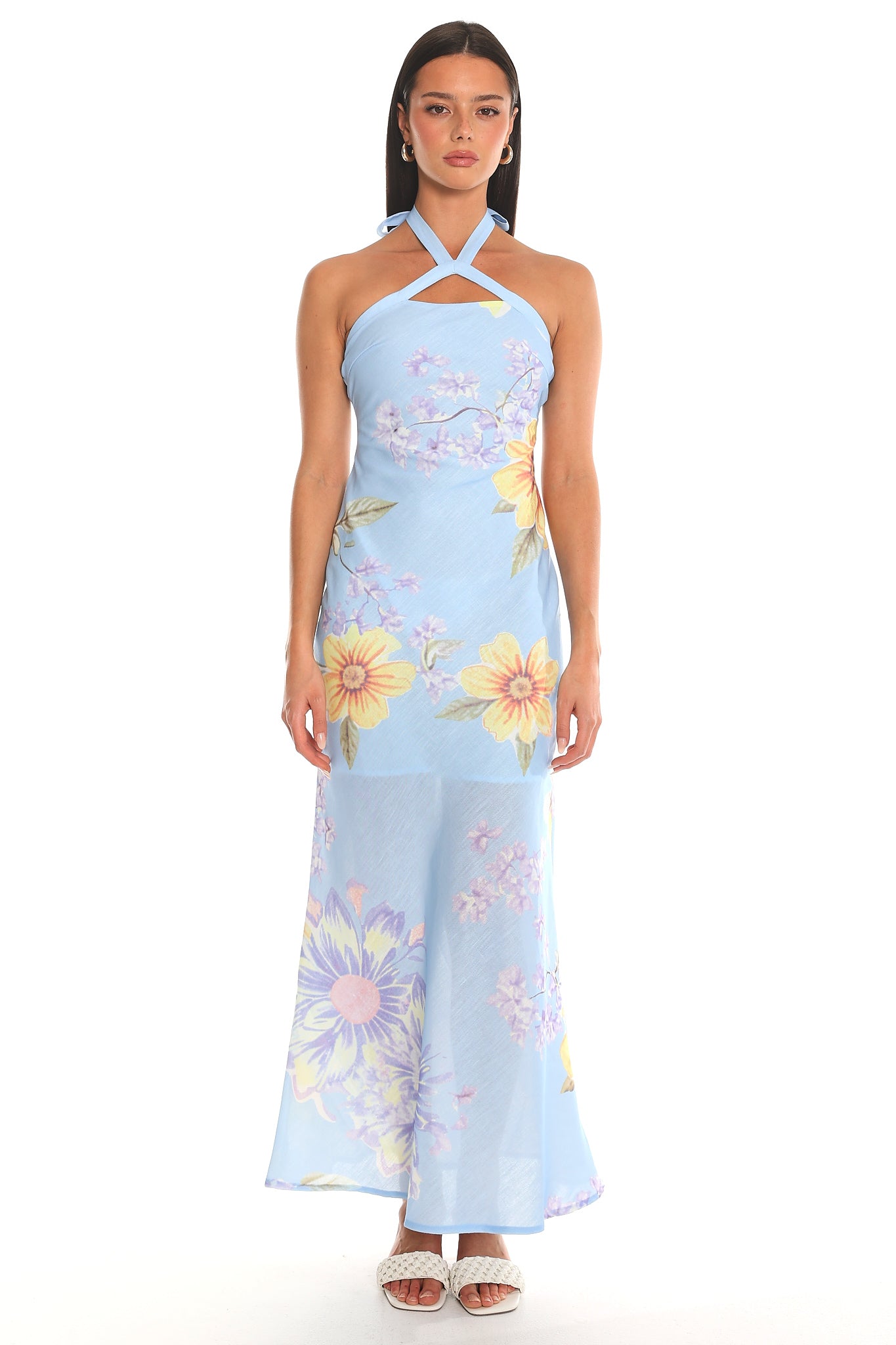 Aulia Floral Halter Maxi Dress Baby Blue