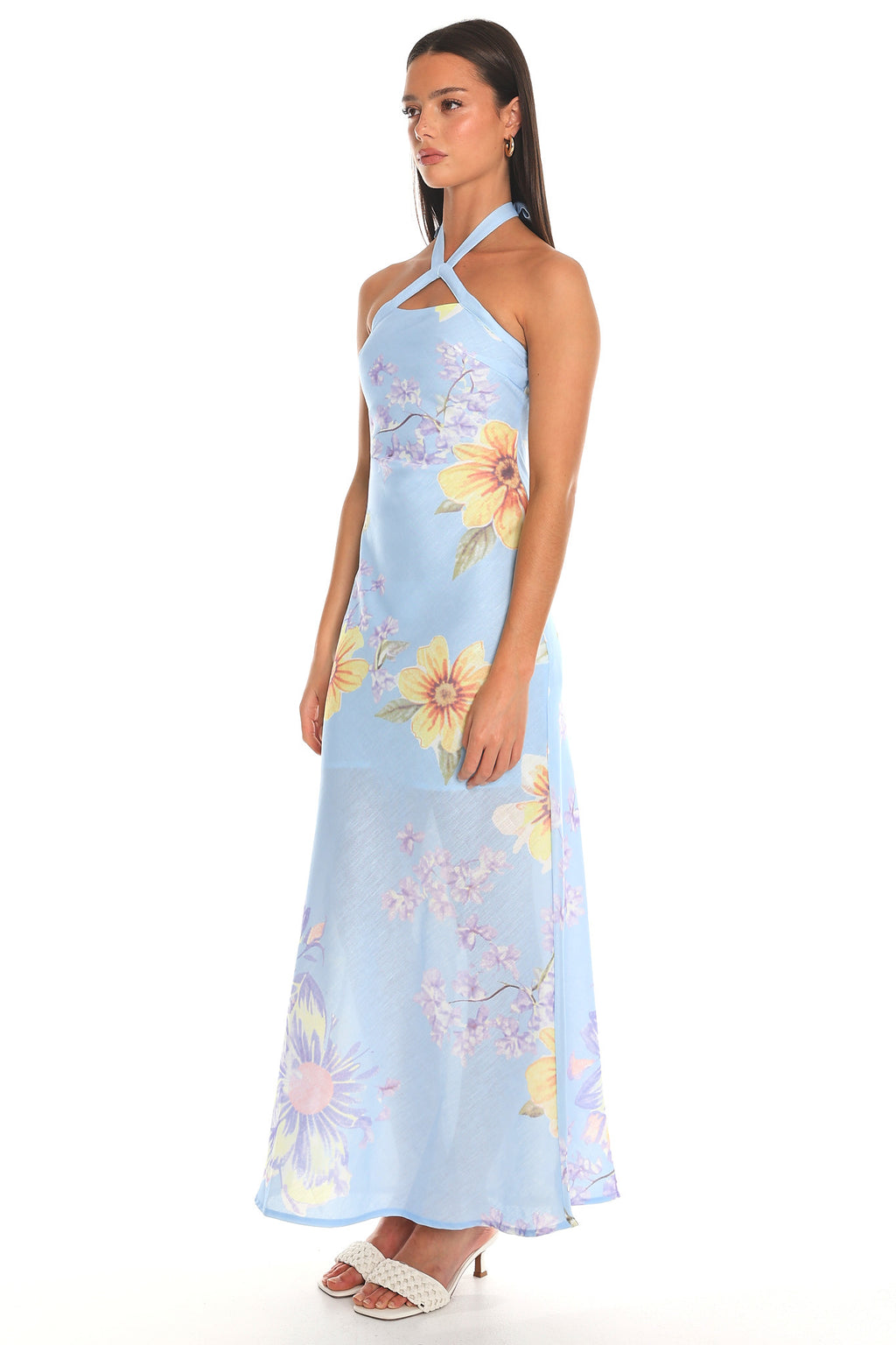 Aulia Floral Halter Maxi Dress Baby Blue