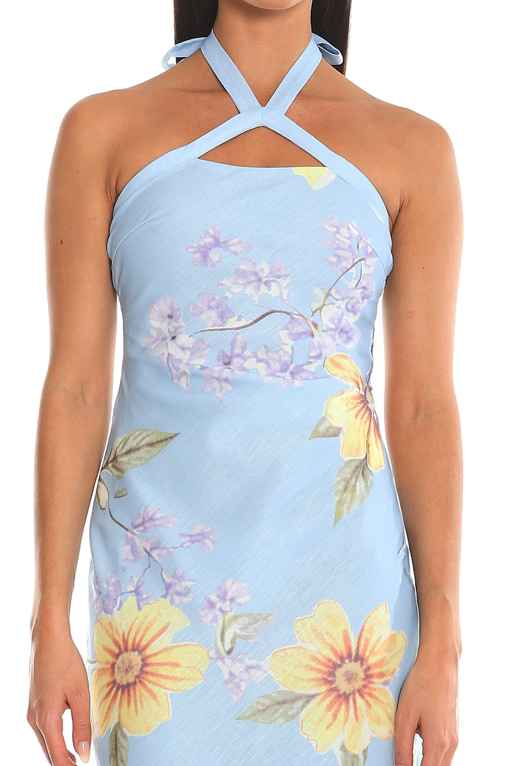 Aulia Floral Halter Maxi Dress Baby Blue