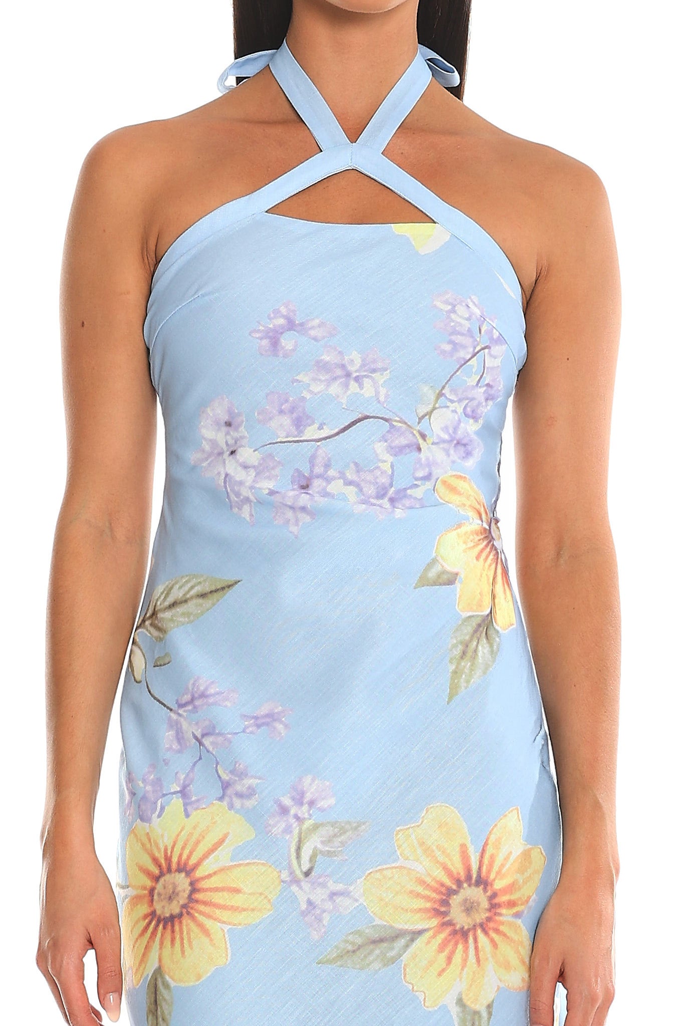 Aulia Floral Halter Maxi Dress Baby Blue