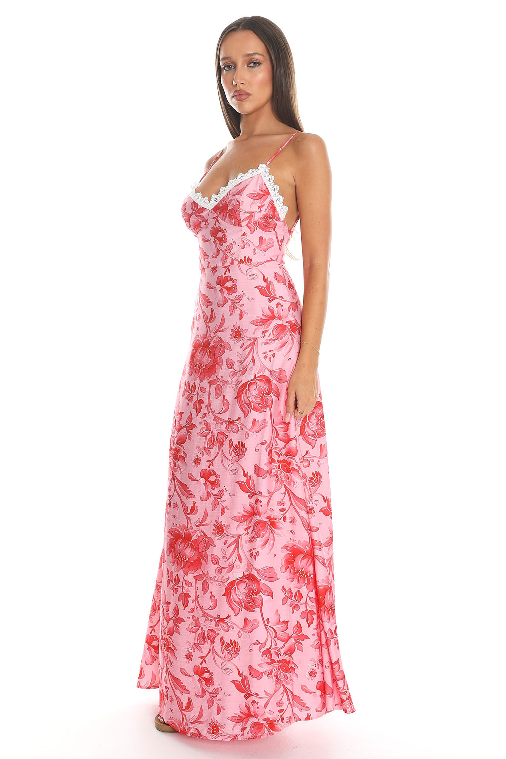 Sonomis Floral Lace-Trim Maxi Dress Pink
