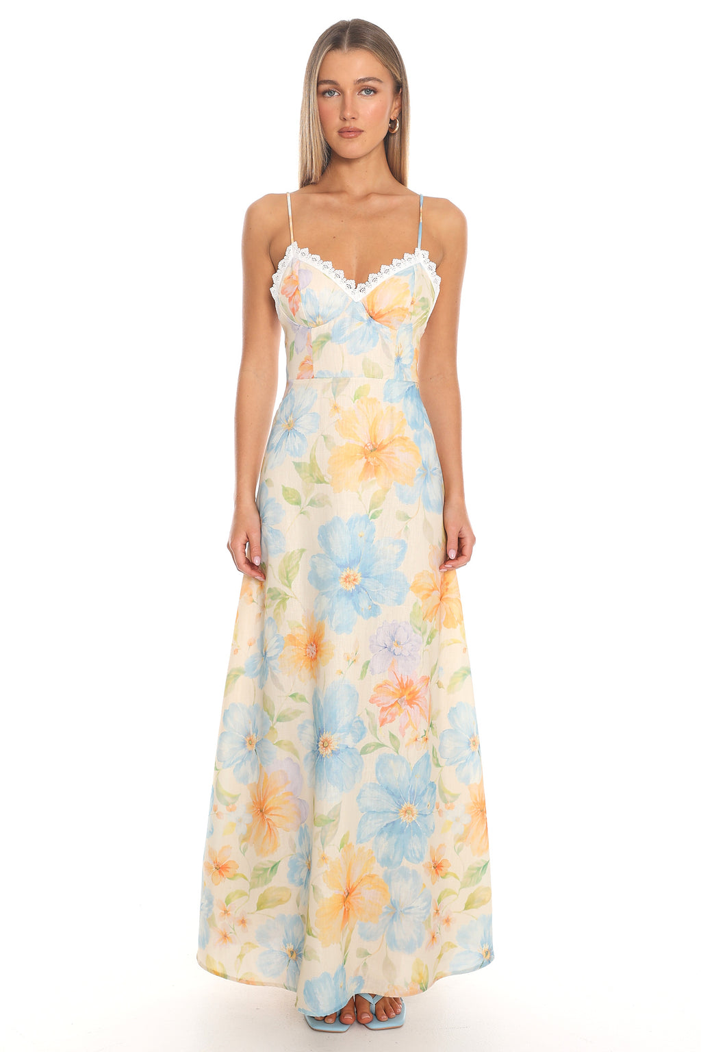 Sonomis Floral Lace-Trim Maxi Dress Light Blue