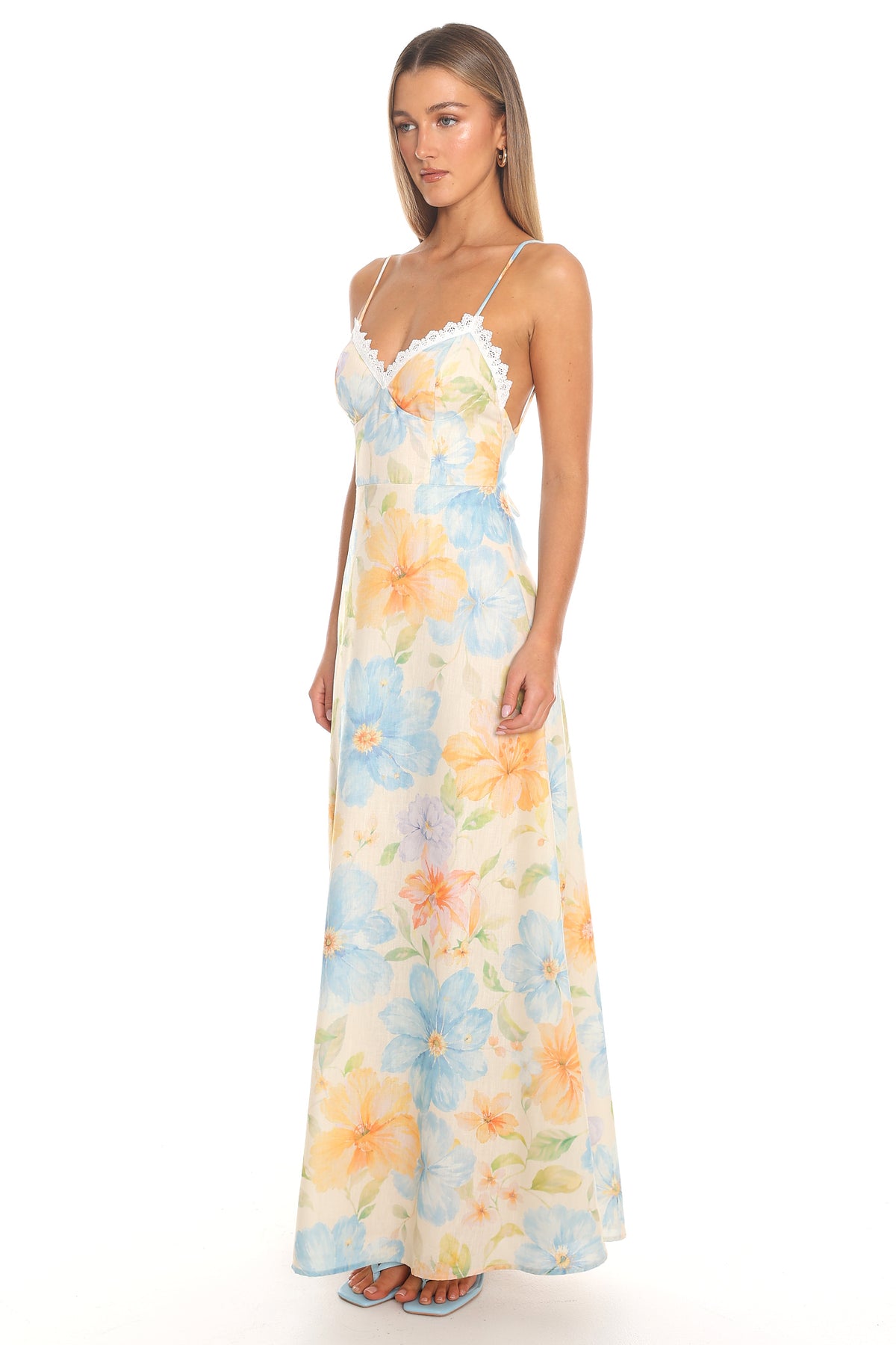 Sonomis Floral Lace-Trim Maxi Dress Light Blue