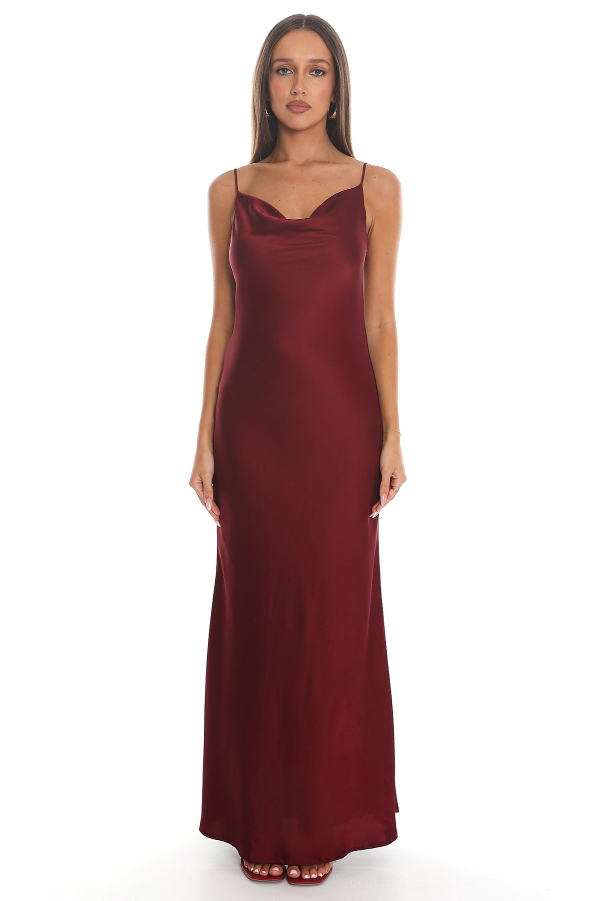 Ariella Cowl Neck Satin Maxi Dress Burgundy