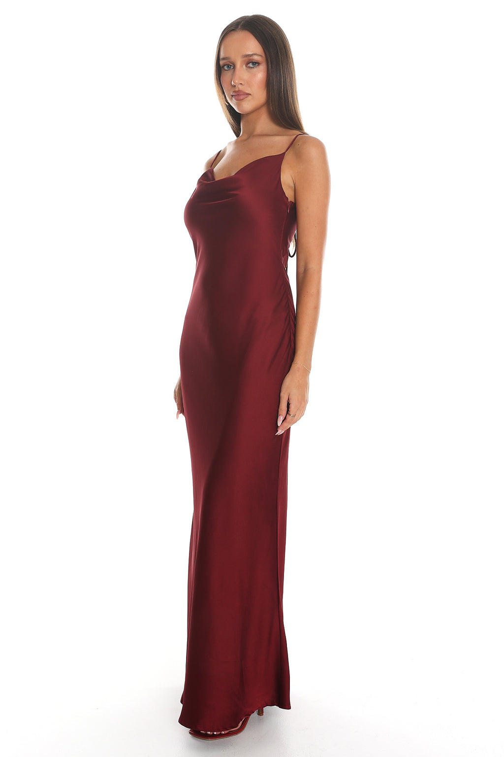 Ariella Cowl Neck Satin Maxi Dress Burgundy
