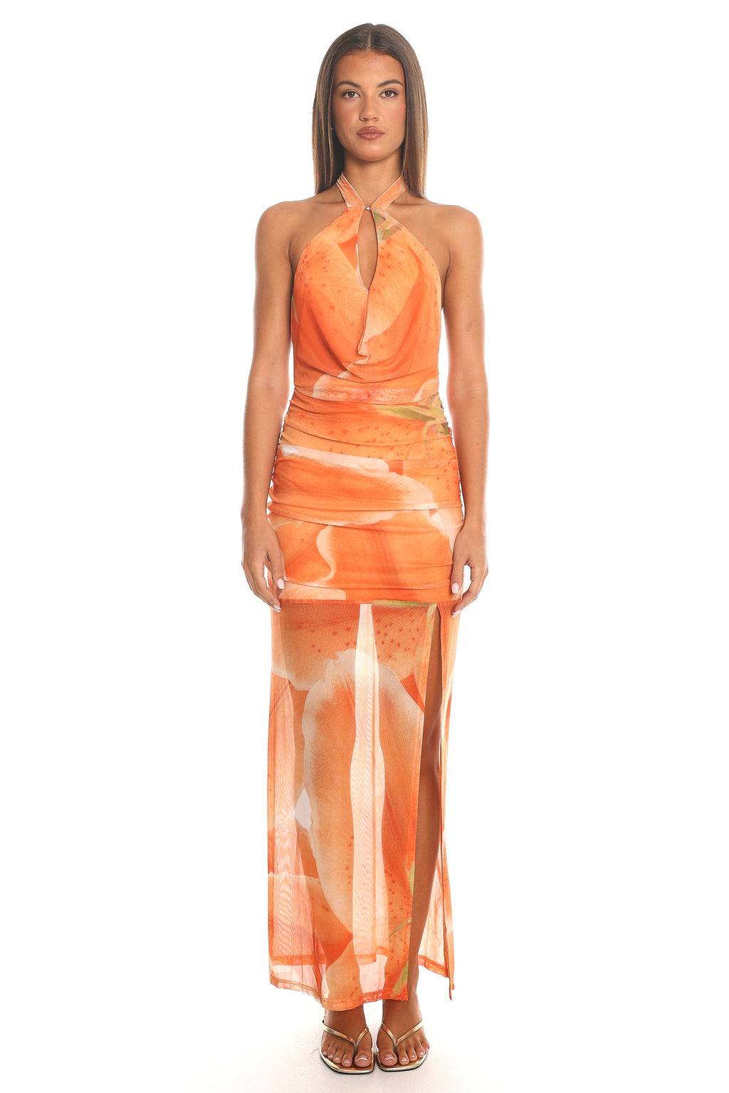 Catrine Ruched Halter Maxi Dress Orange