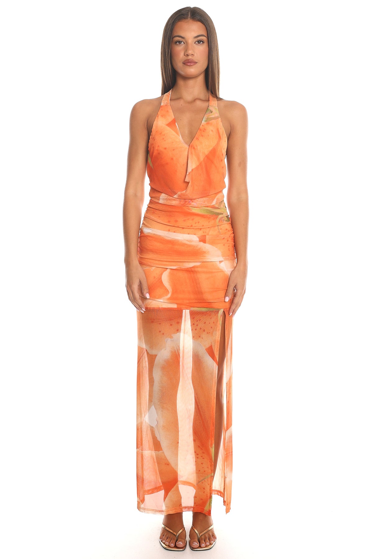 Catrine Ruched Halter Maxi Dress Orange
