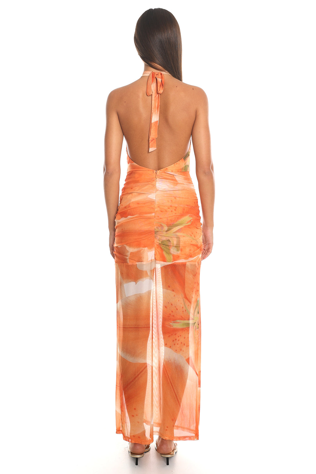 Catrine Ruched Halter Maxi Dress Orange
