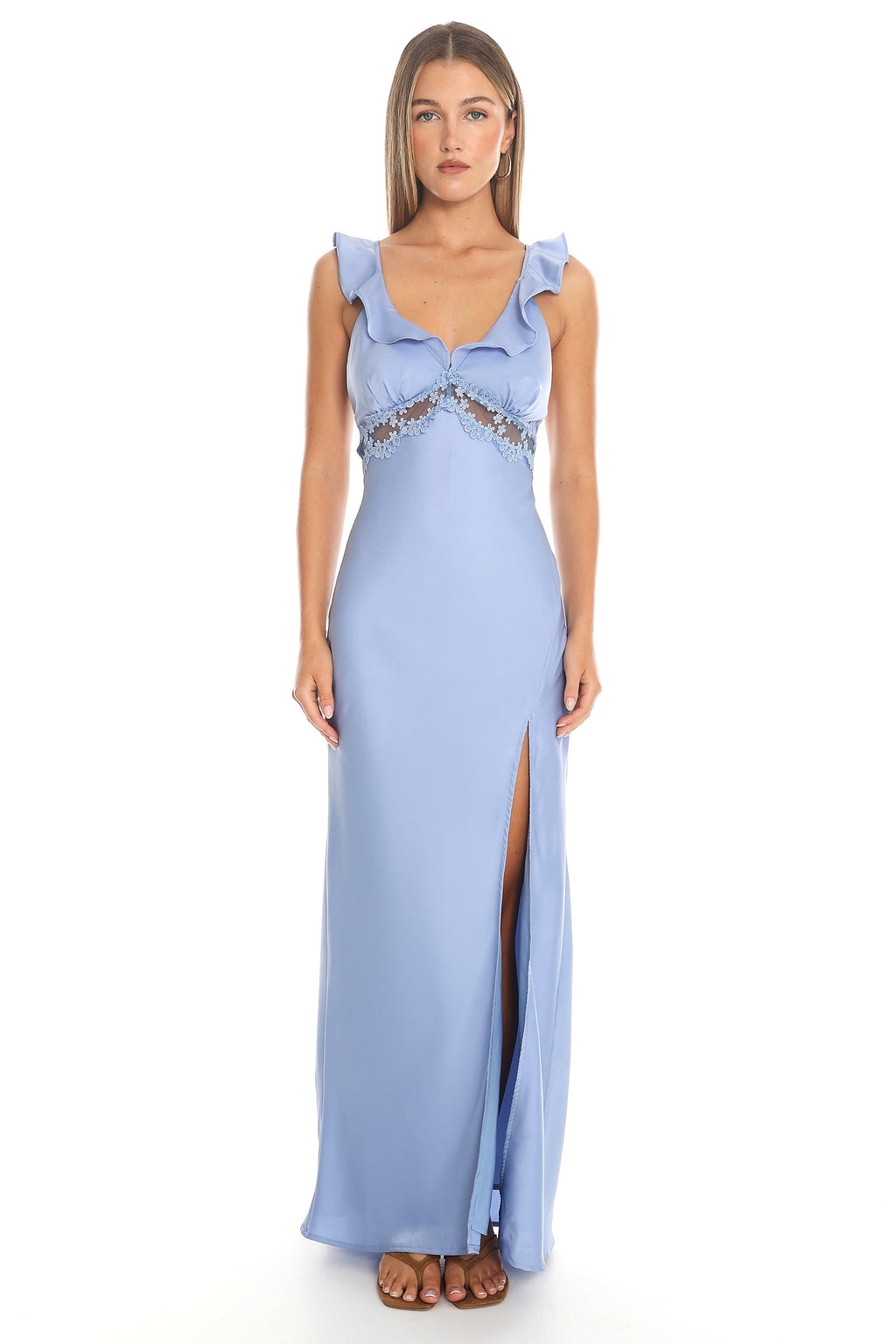 Calla Ruffle Lace Trim Maxi Dress Baby Blue