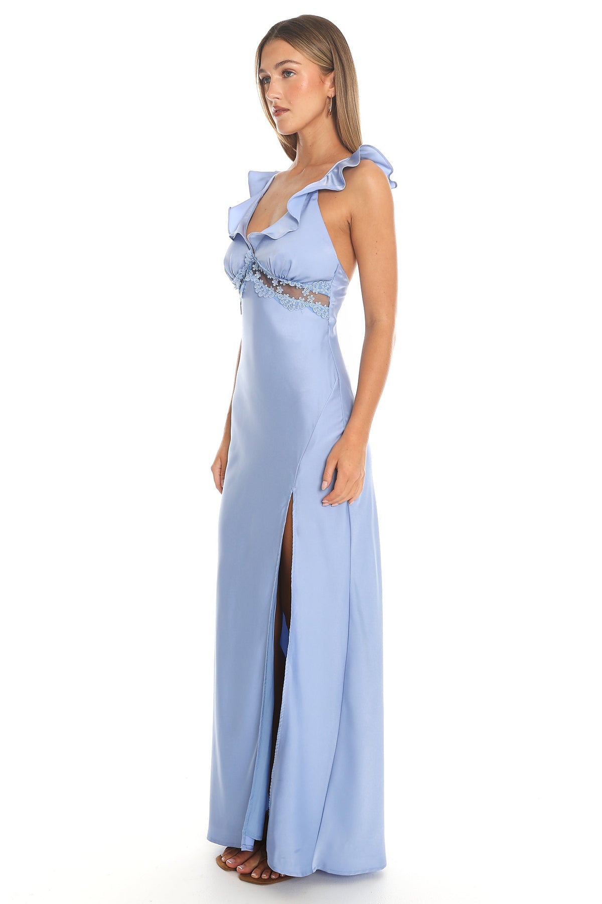 Calla Ruffle Lace Trim Maxi Dress Baby Blue