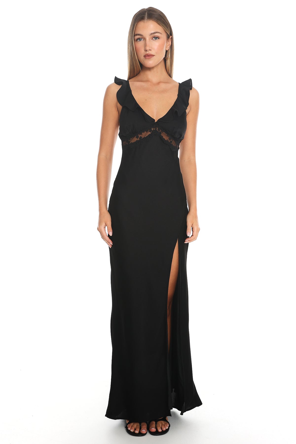 Calla Ruffle Lace Trim Maxi Dress Black