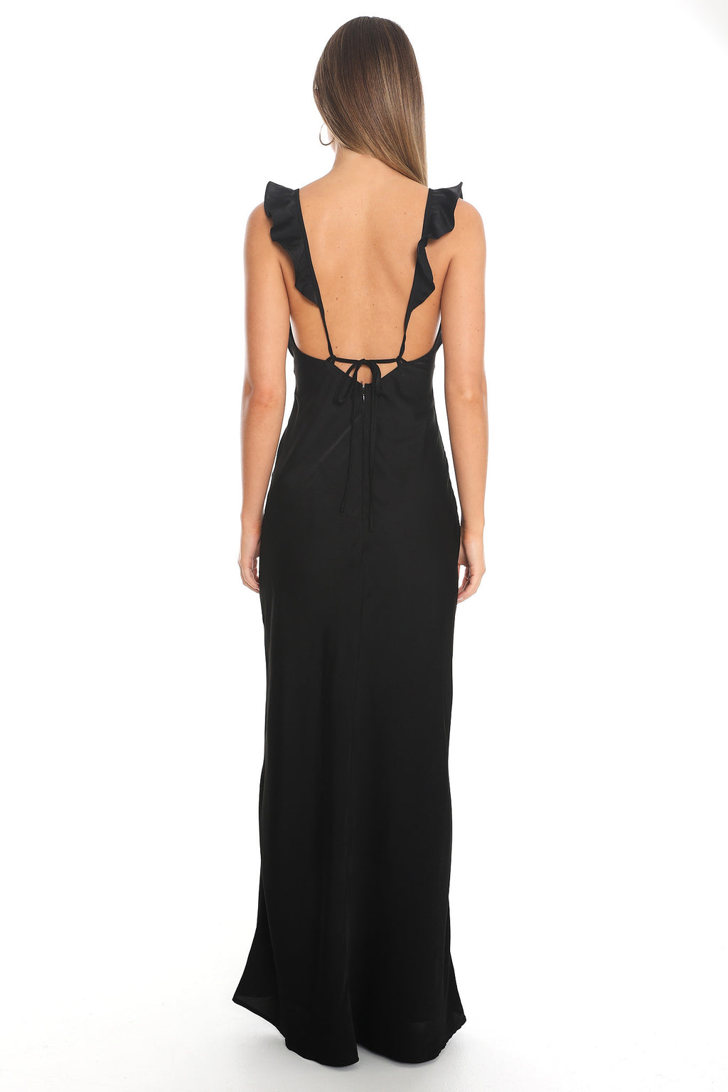 Calla Ruffle Lace Trim Maxi Dress Black
