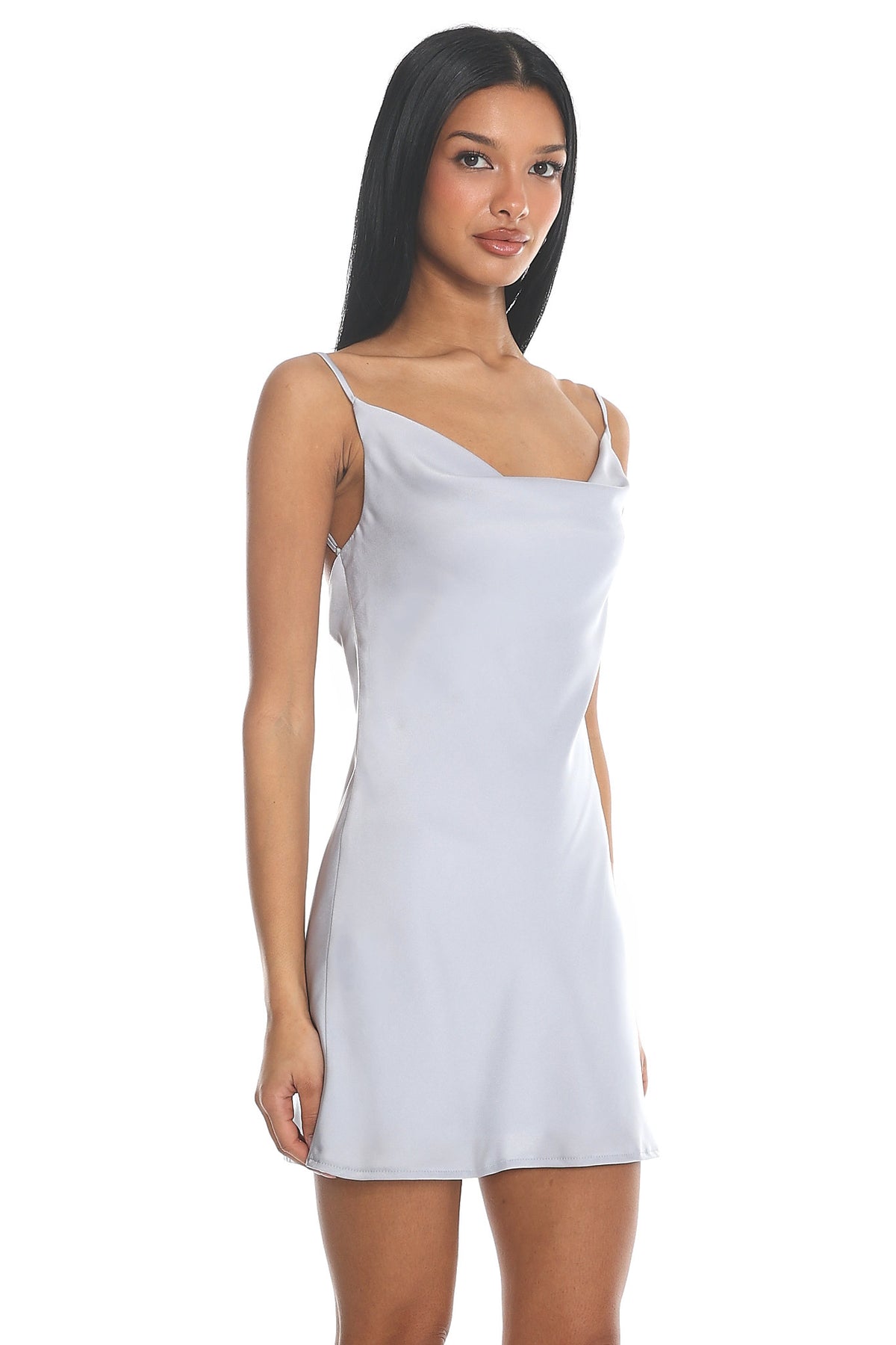 Sintoria Cowl Neck Satin Mini Dress Silver