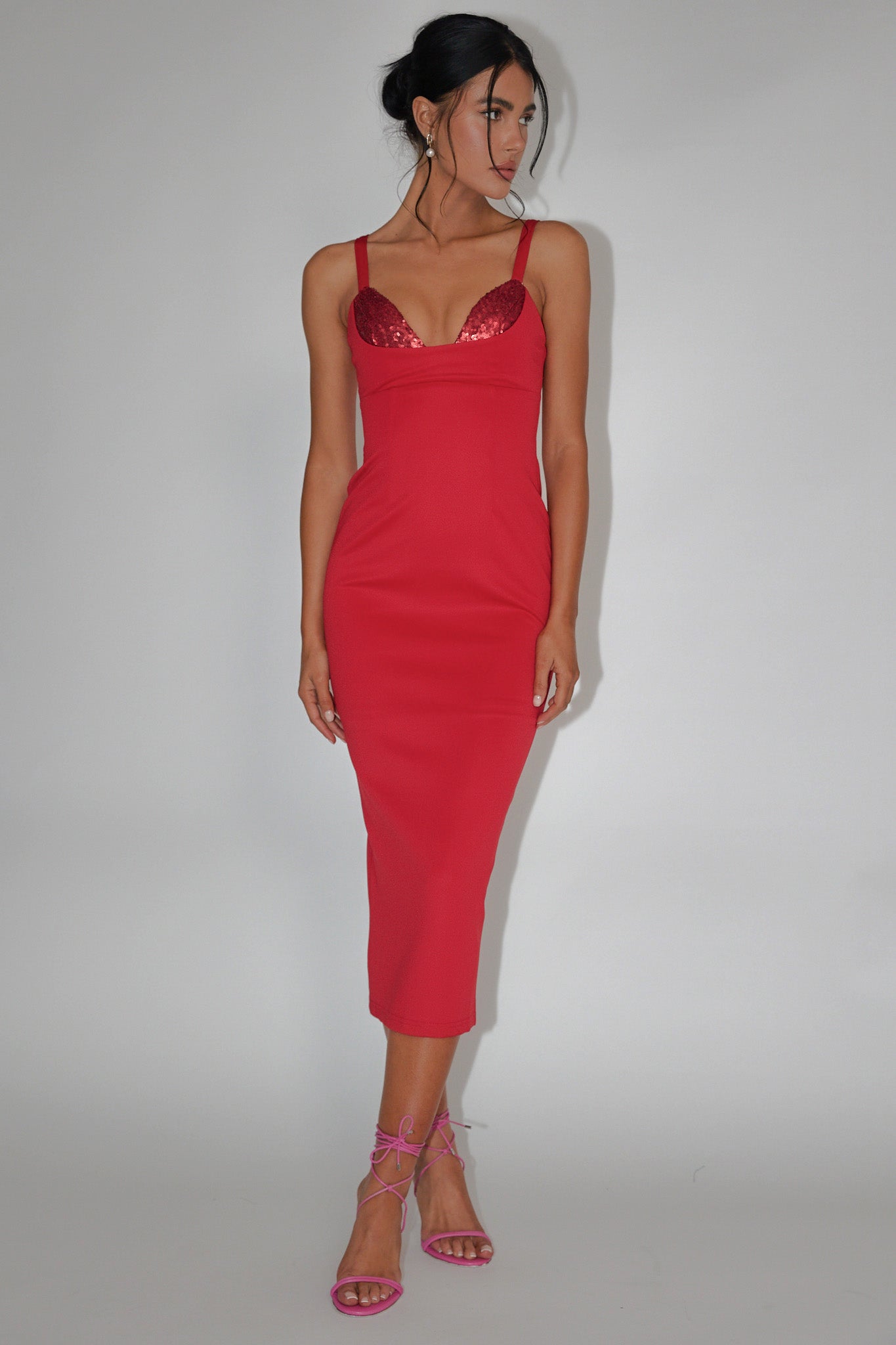 La Bellevilloise Sequin Bust Midi Dress Red by Selfie Leslie