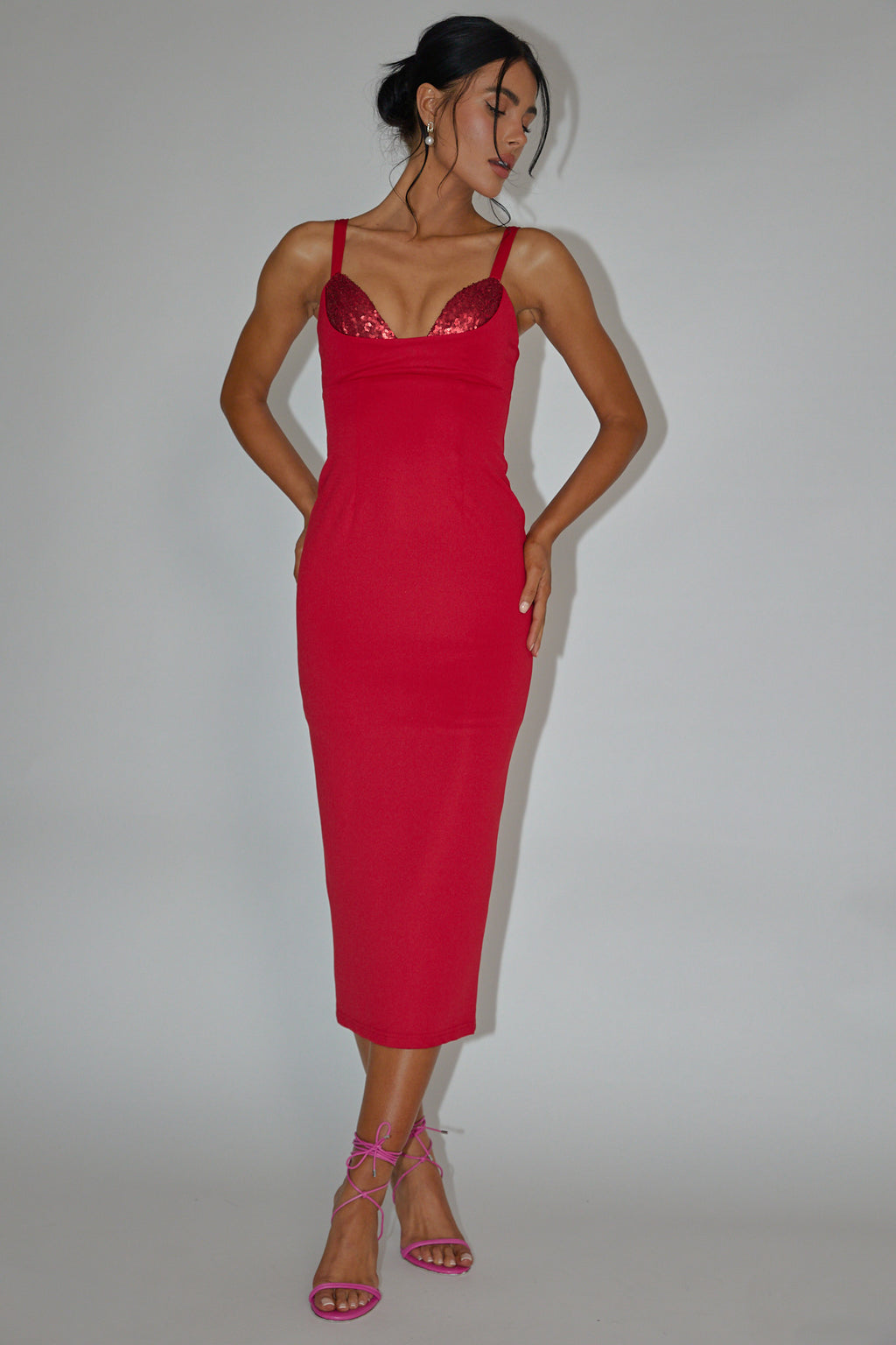 La Bellevilloise Sequin Bust Midi Dress Red by Selfie Leslie