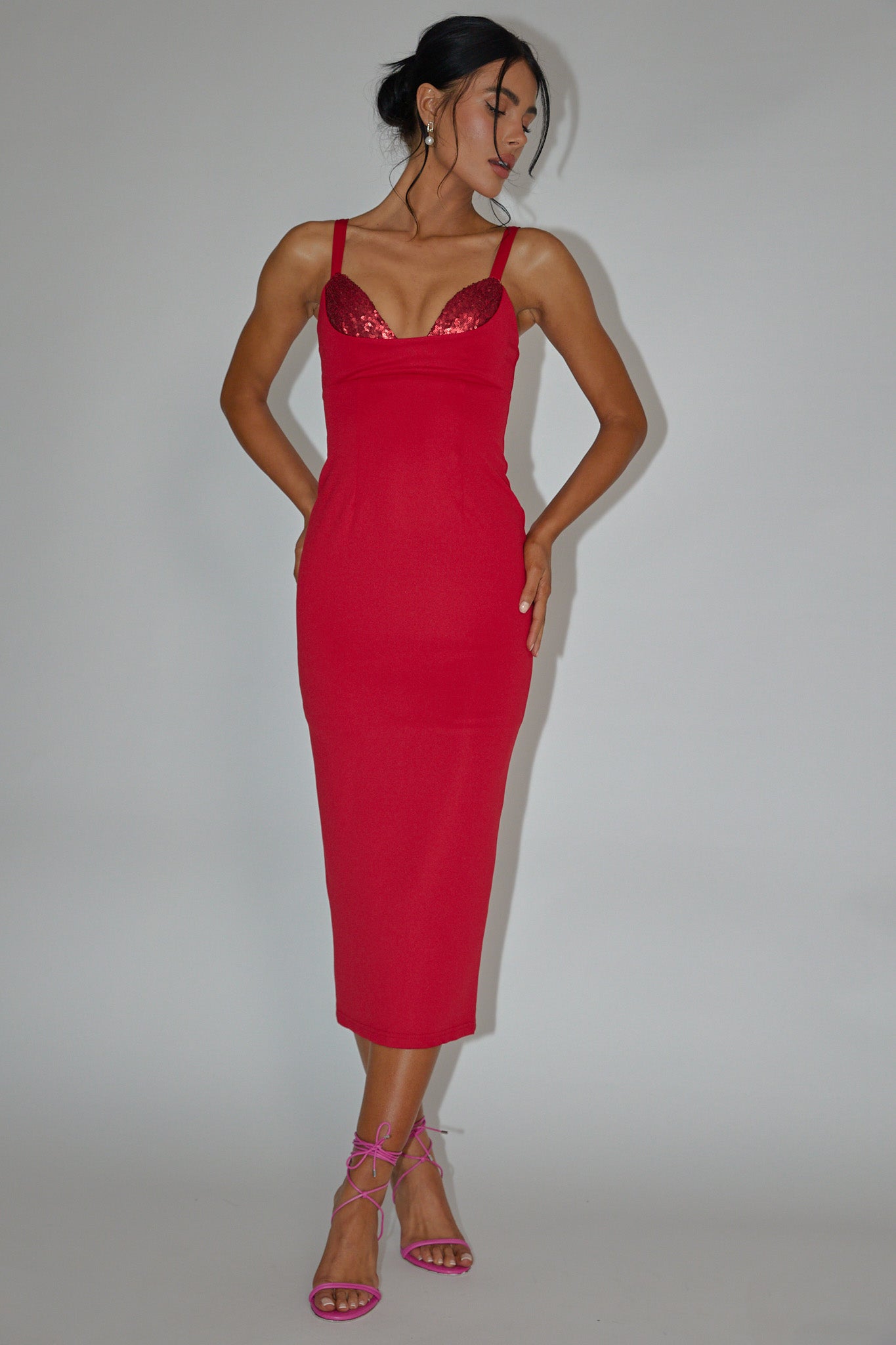 La Bellevilloise Sequin Bust Midi Dress Red by Selfie Leslie