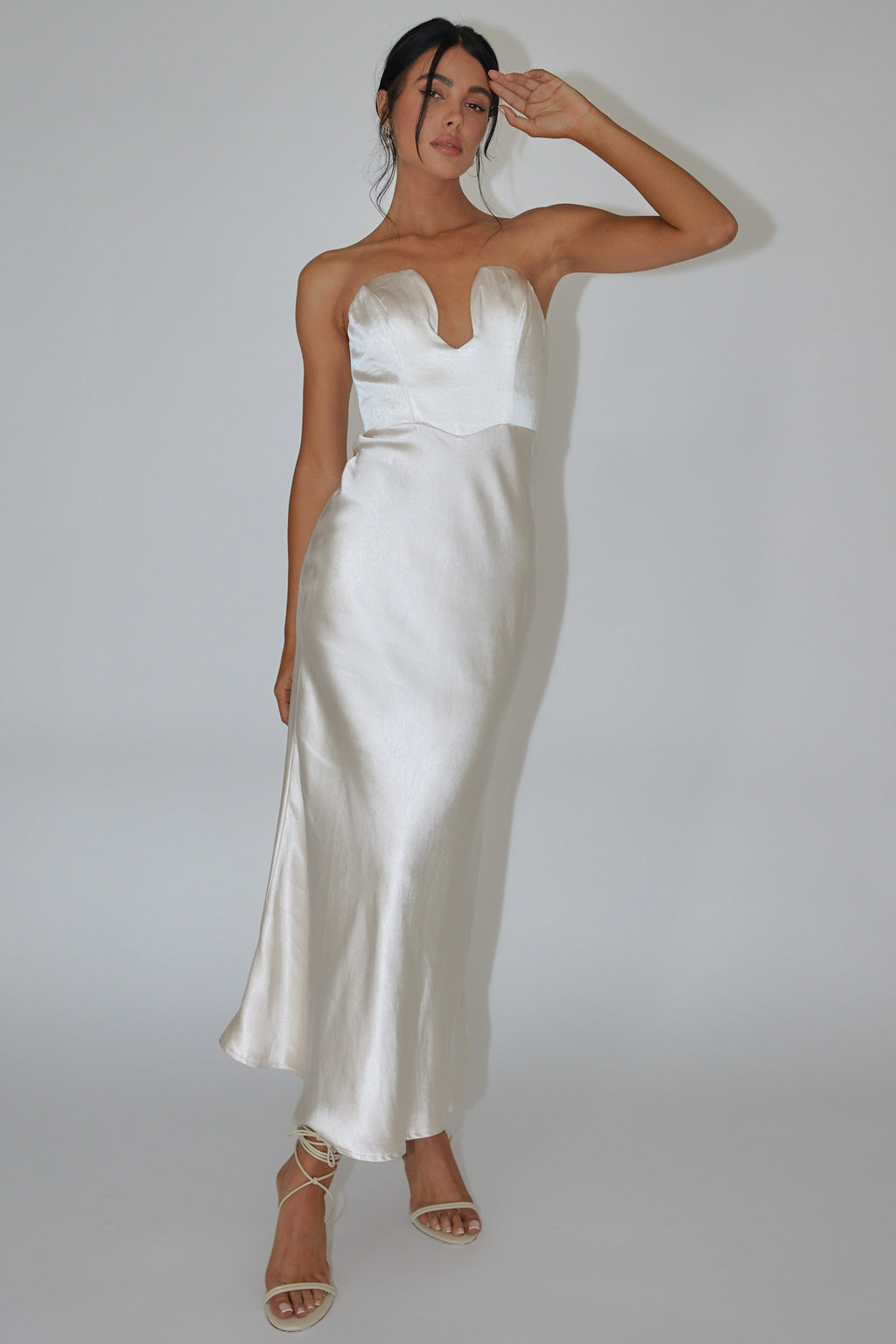Encore Strapless Satin Maxi Dress Champagne - XL Encore Strapless Satin Maxi Dress Champagne - XL