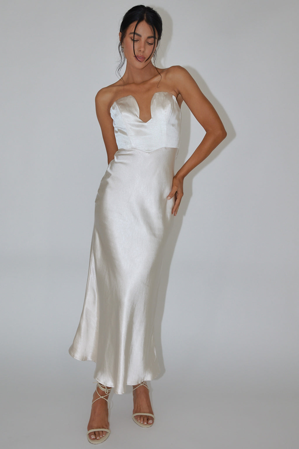 Encore Strapless Satin Maxi Dress Champagne - XL Encore Strapless Satin Maxi Dress Champagne - XL