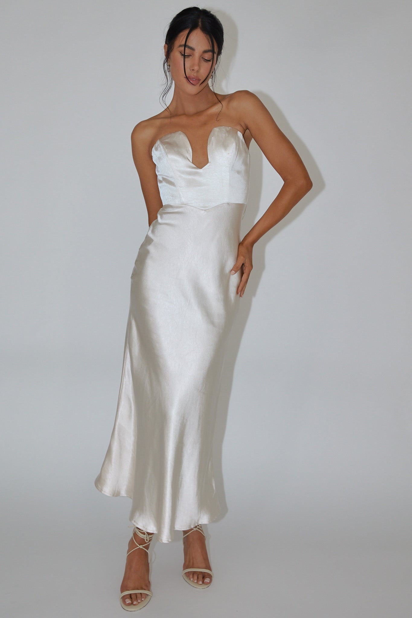 Encore Strapless Satin Maxi Dress Champagne - XL Encore Strapless Satin Maxi Dress Champagne - XL