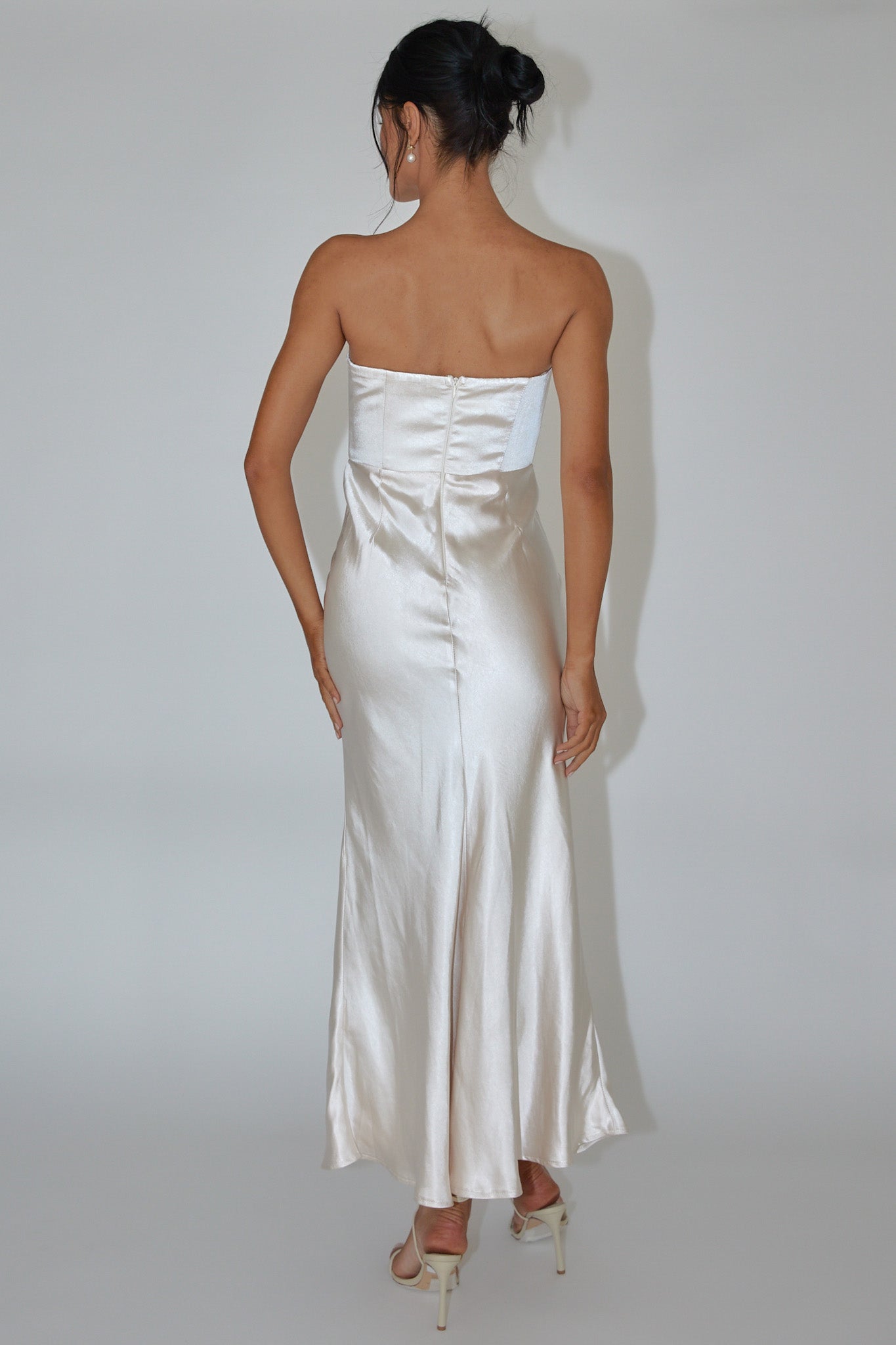 Encore Strapless Satin Maxi Dress Champagne - XL Encore Strapless Satin Maxi Dress Champagne - XL