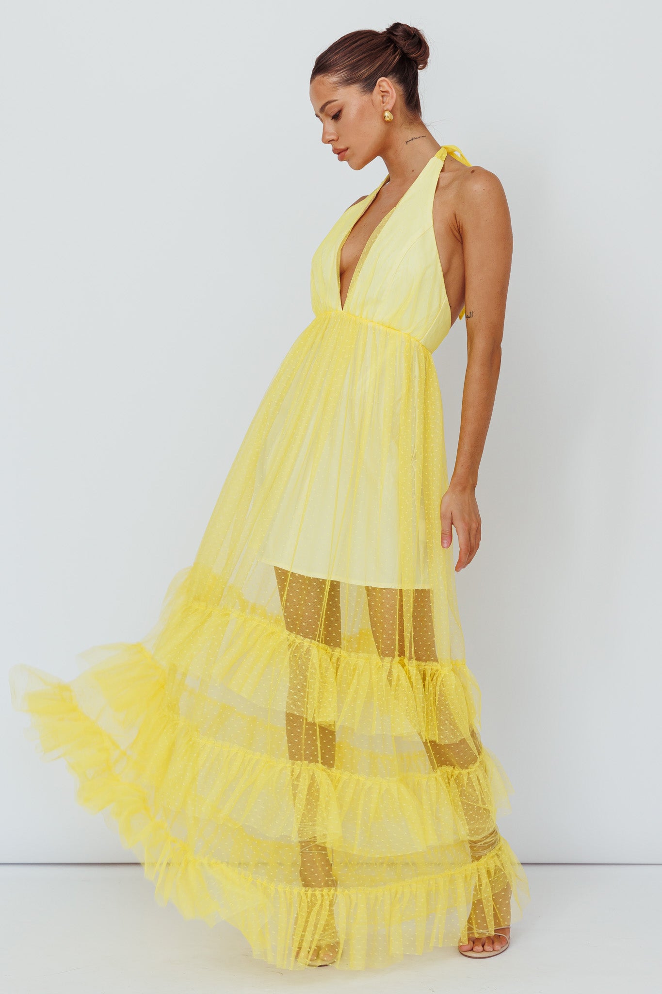 Moonlight Sonata Ruffle Mesh Maxi Dress Hail Spot Lemon by Selfie Leslie