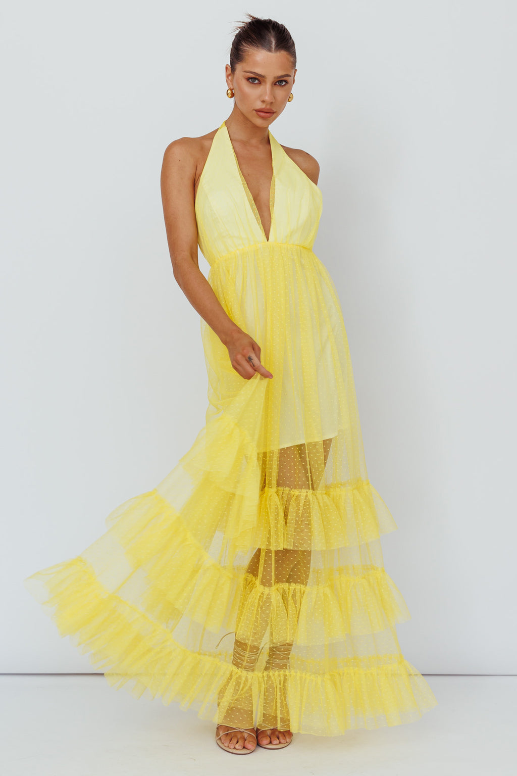 Moonlight Sonata Ruffle Mesh Maxi Dress Hail Spot Lemon by Selfie Leslie