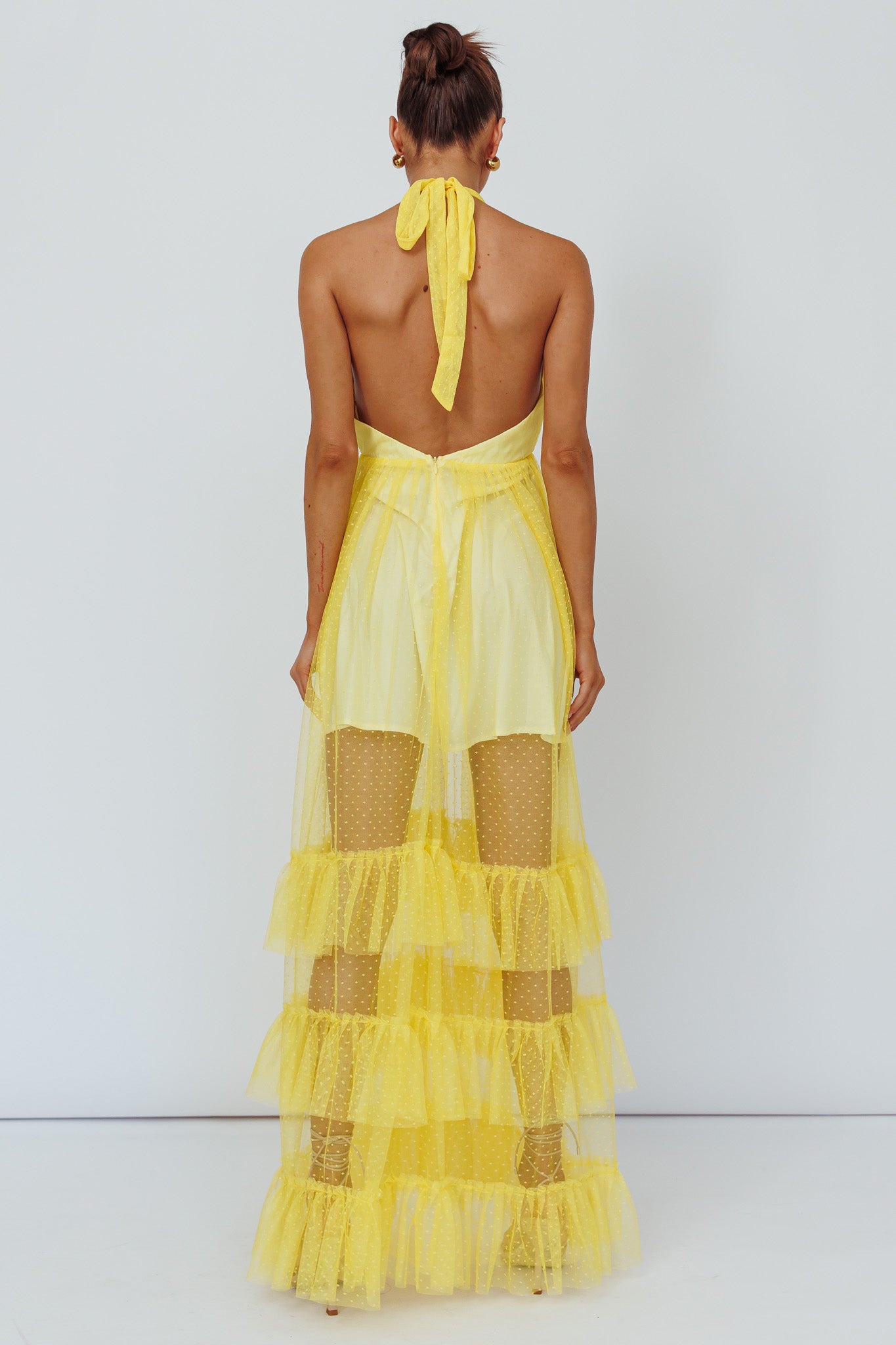 Moonlight Sonata Ruffle Mesh Maxi Dress Hail Spot Lemon by Selfie Leslie