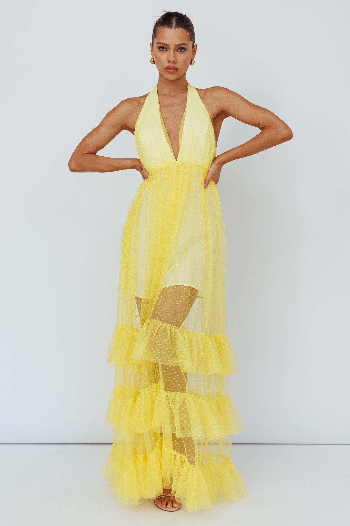Moonlight Sonata Ruffle Mesh Maxi Dress Hail Spot Lemon by Selfie Leslie