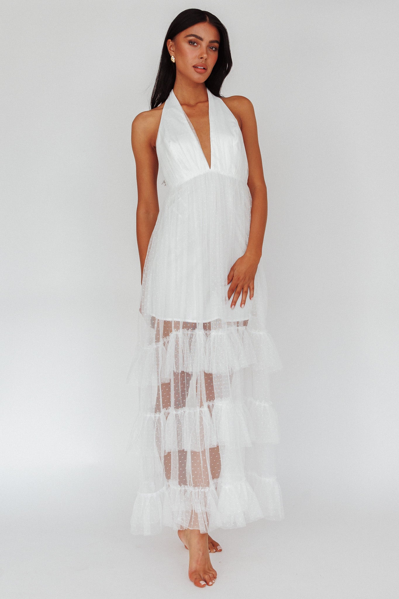 Moonlight Sonata Ruffle Mesh Maxi Dress Hail Spot White by Selfie Leslie