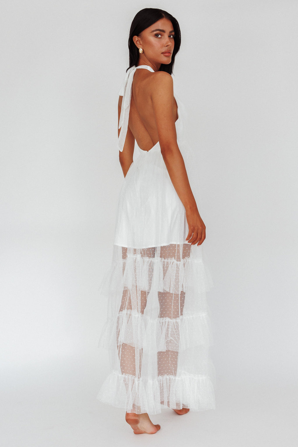 Moonlight Sonata Ruffle Mesh Maxi Dress Hail Spot White by Selfie Leslie