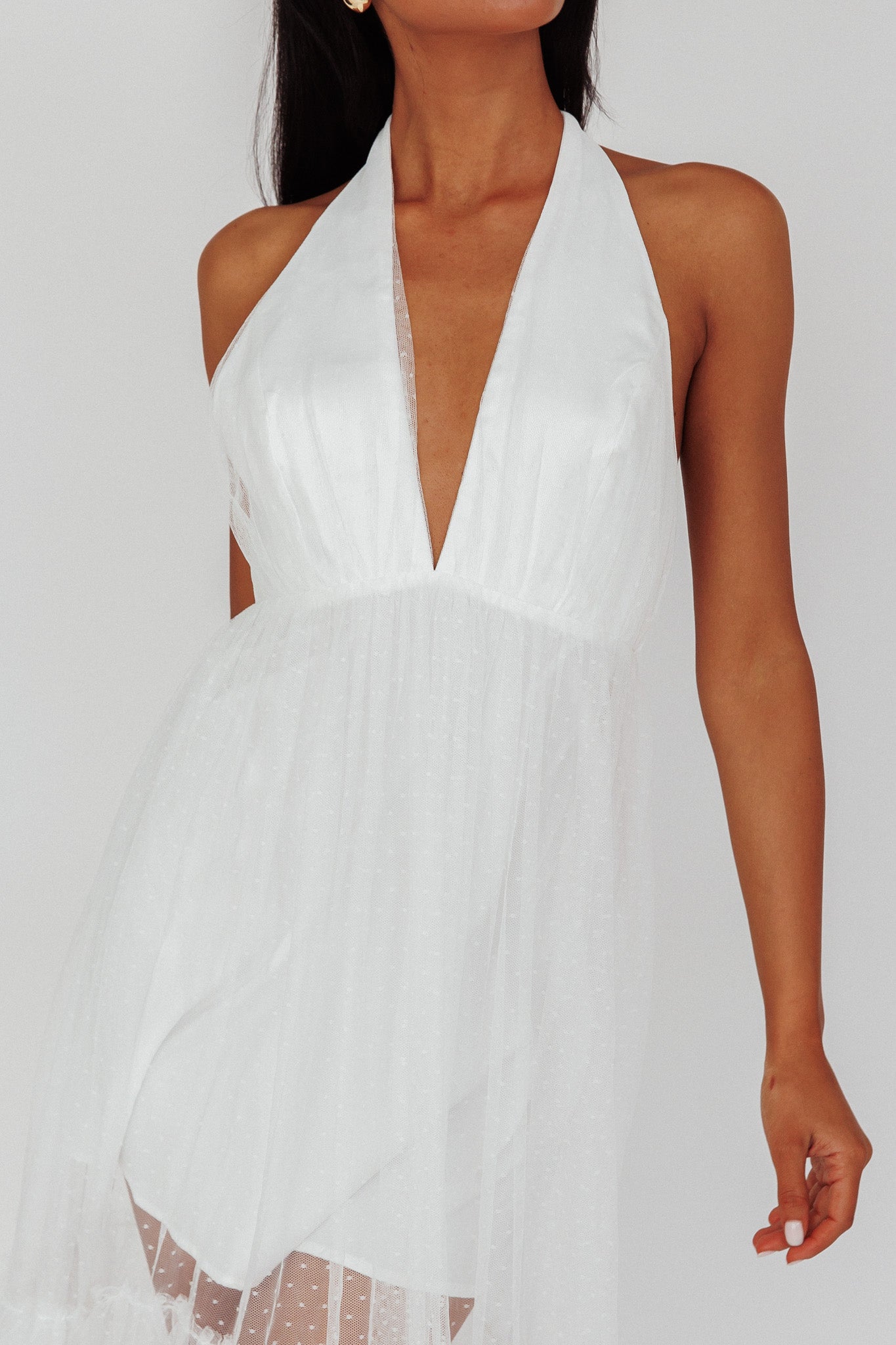 Moonlight Sonata Ruffle Mesh Maxi Dress Hail Spot White by Selfie Leslie