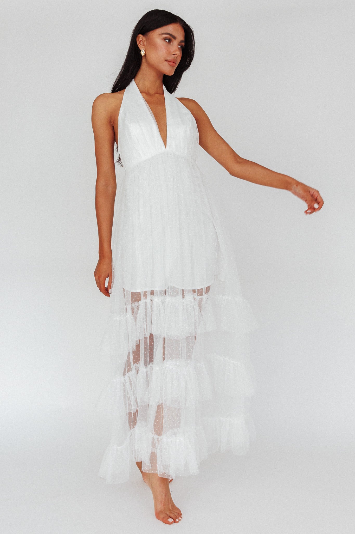 Moonlight Sonata Ruffle Mesh Maxi Dress Hail Spot White by Selfie Leslie