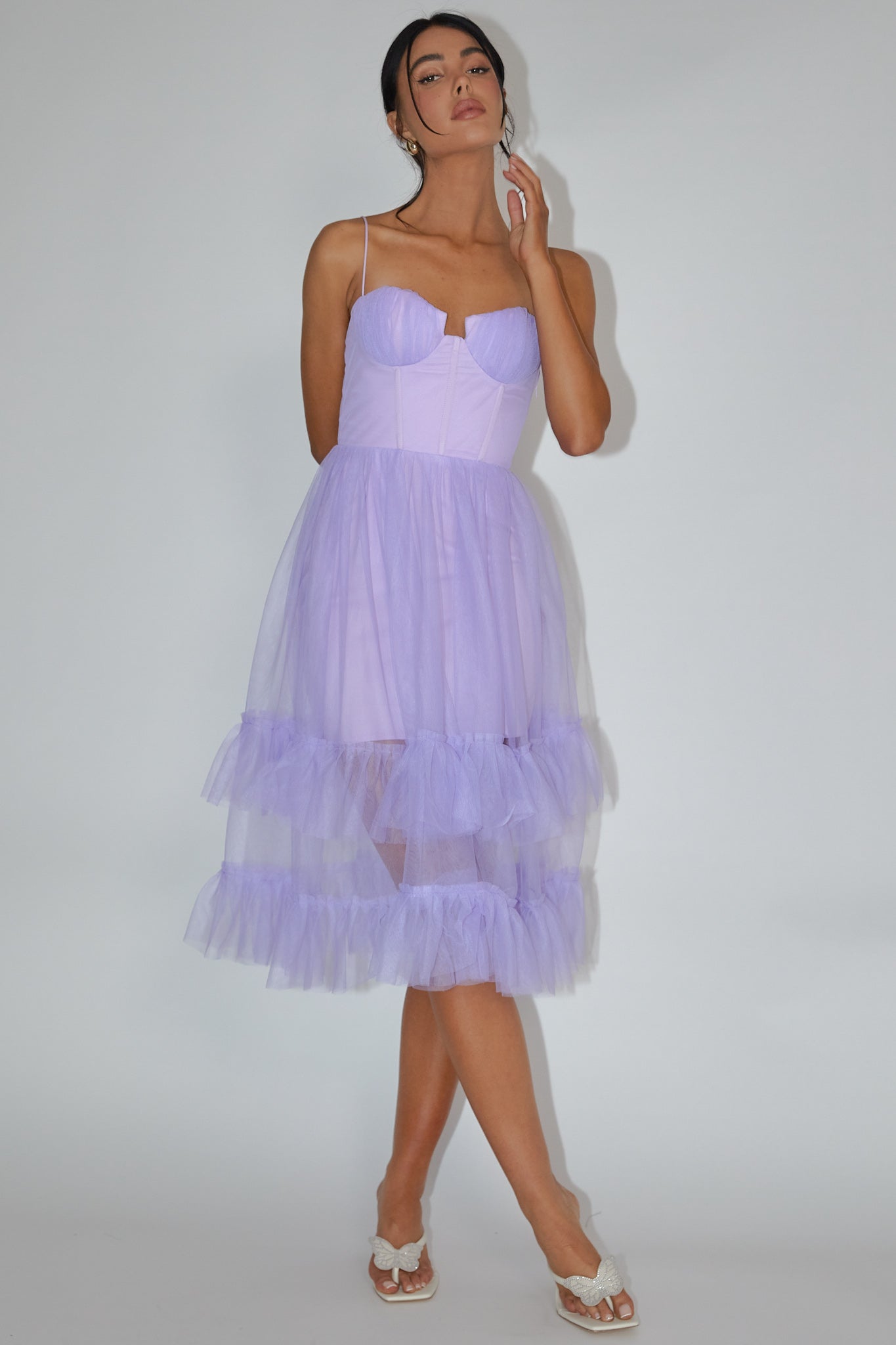 Shop the Moonlight Sonata Ruffle Mesh Midi Dress Lilac