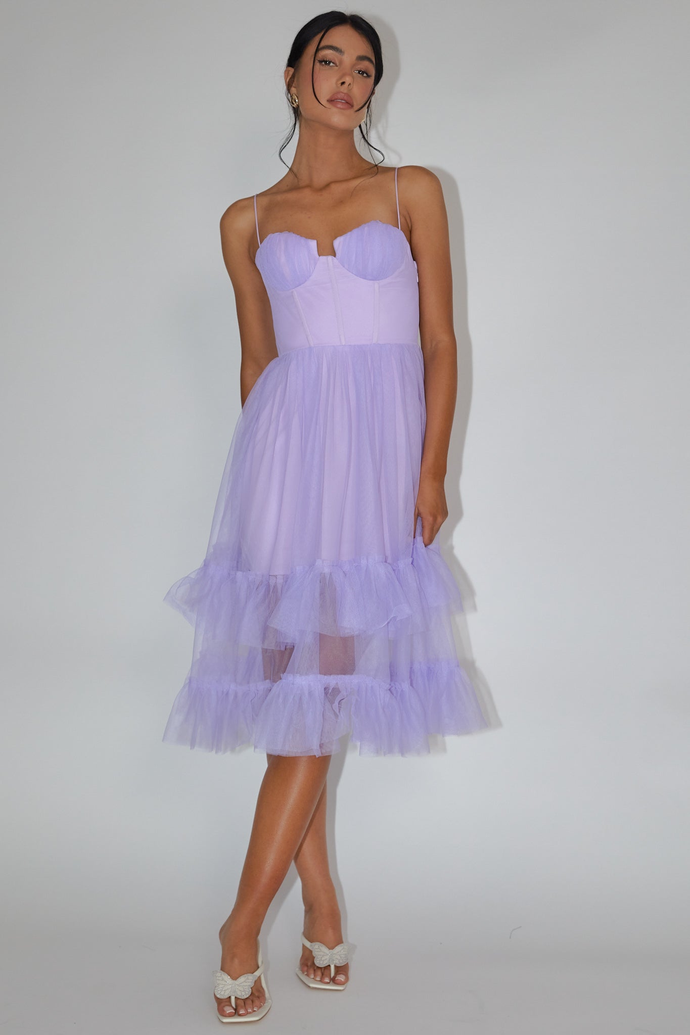 Moonlight Sonata Ruffle Mesh Midi Dress Lilac | Selfie Leslie
