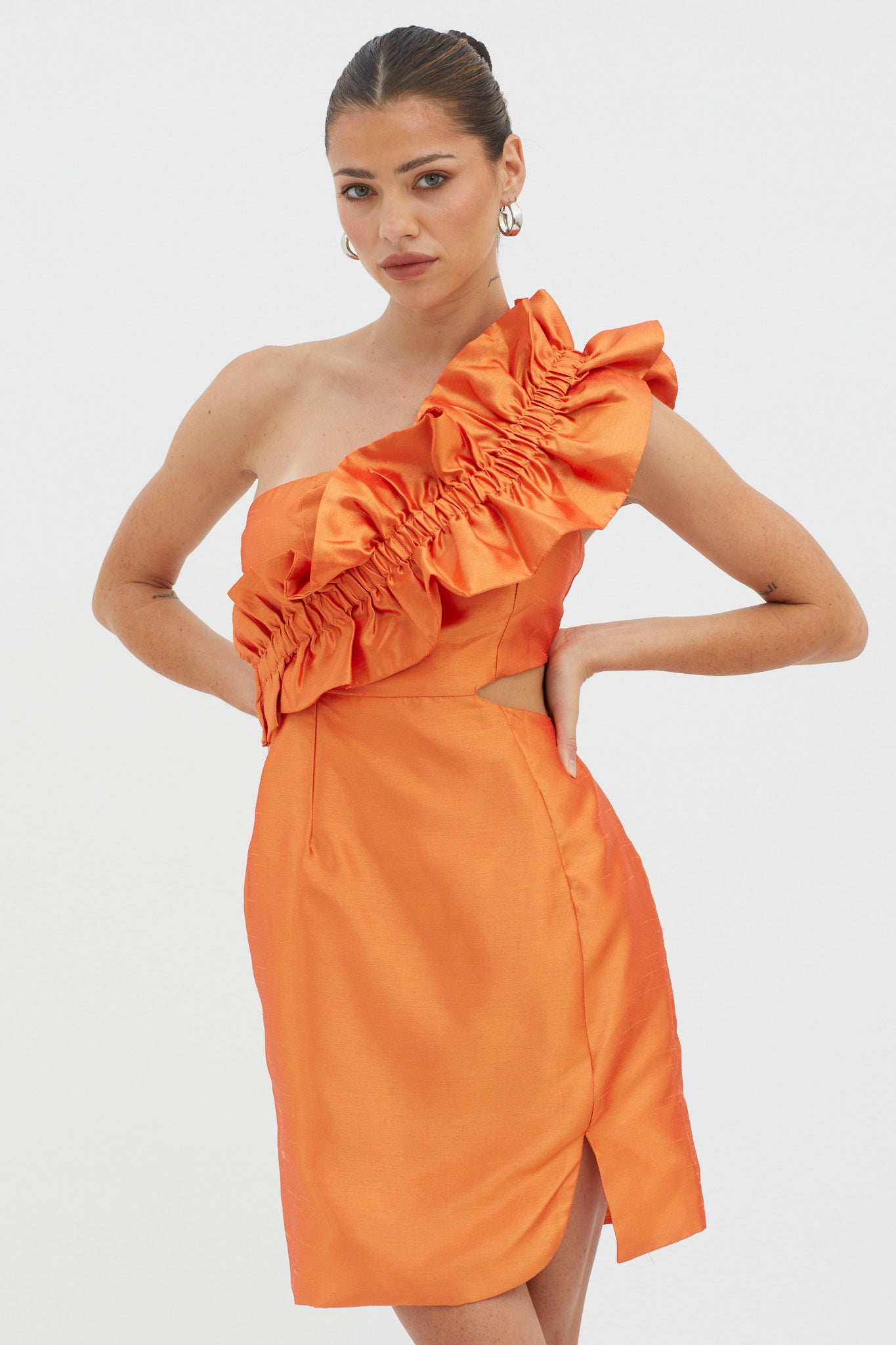 NY Moment Wide Ruffle Shoulder Mini Dress Orange by Selfie Leslie