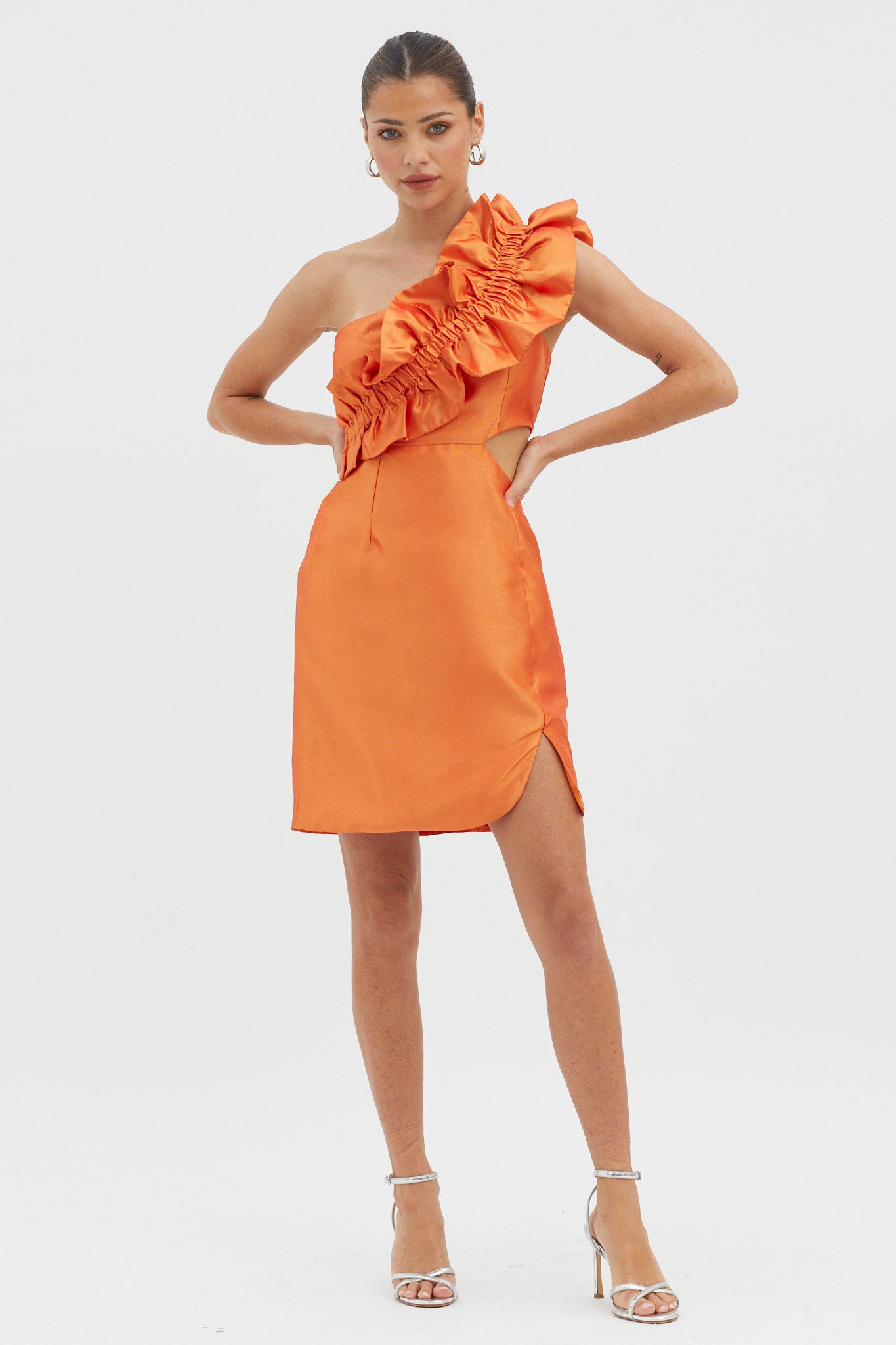 NY Moment Wide Ruffle Shoulder Mini Dress Orange by Selfie Leslie