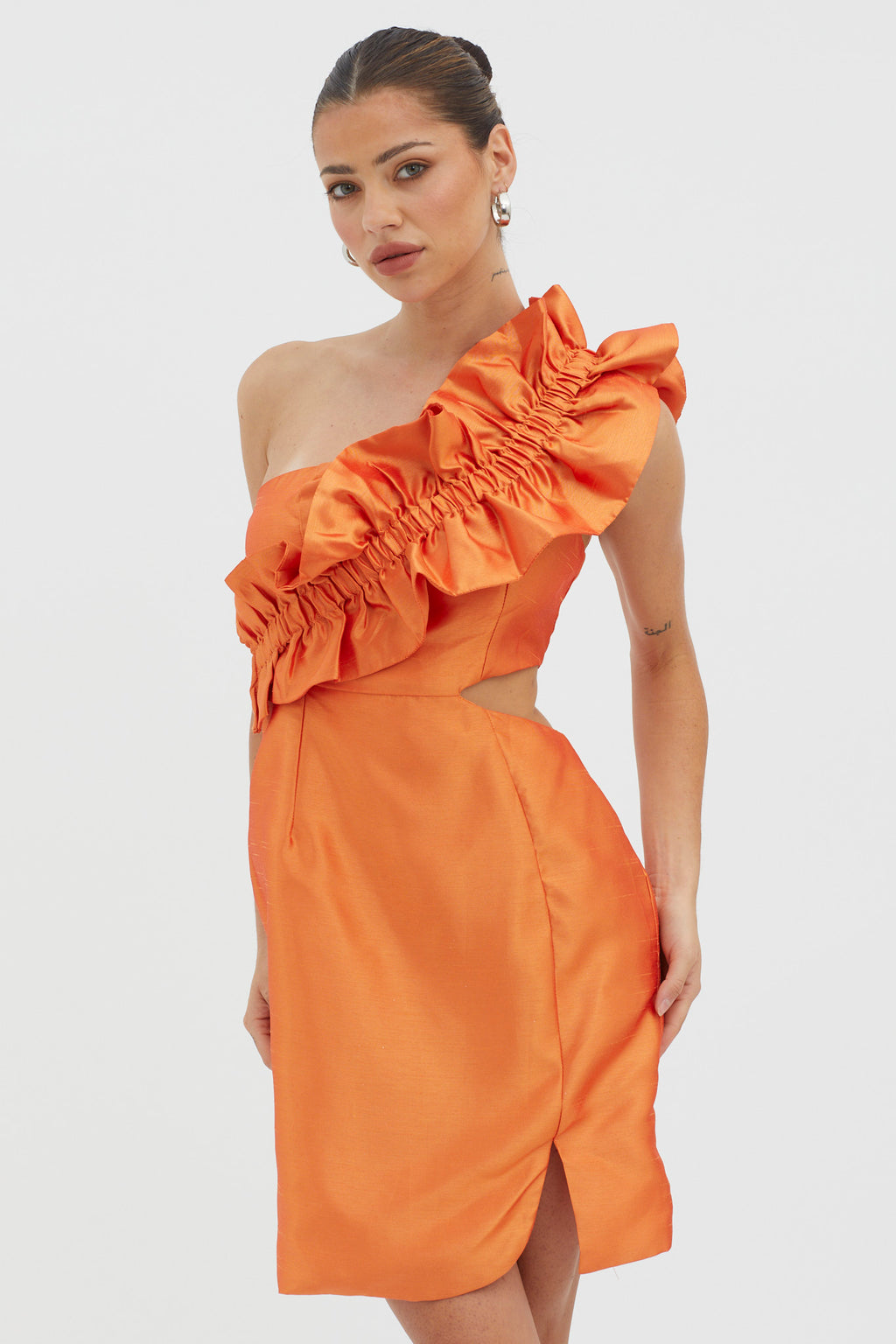 NY Moment Wide Ruffle Shoulder Mini Dress Orange by Selfie Leslie