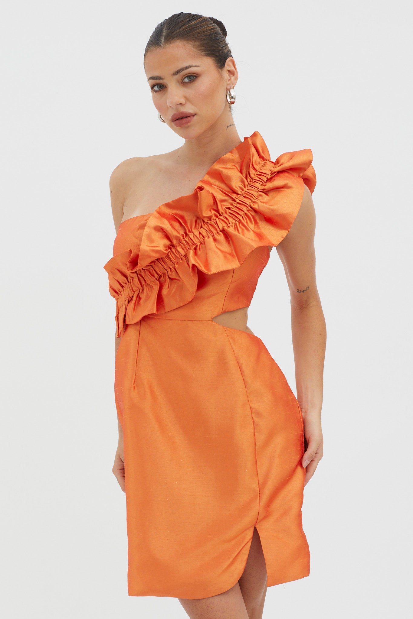 NY Moment Wide Ruffle Shoulder Mini Dress Orange by Selfie Leslie