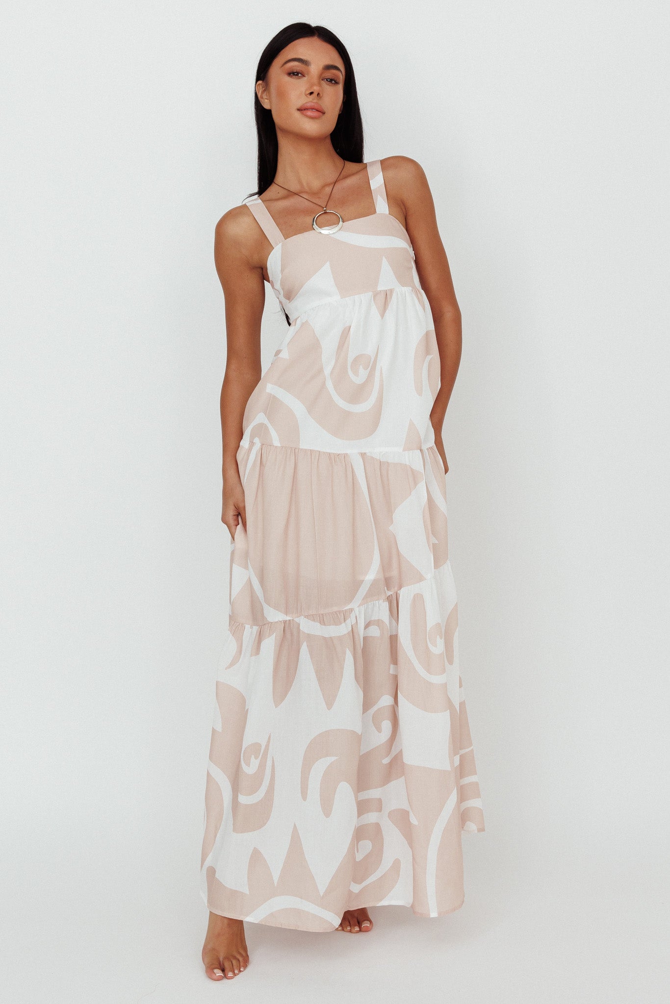 Indianna Square Neckline Maxi Dress Printed Sand/White by Selfie Leslie