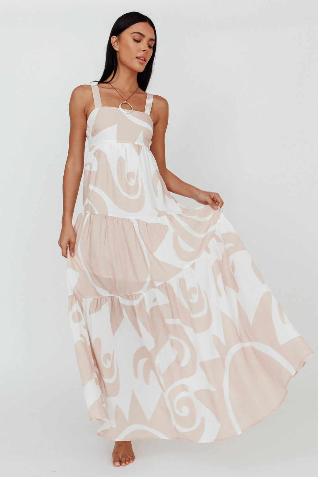 Indianna Square Neckline Maxi Dress Printed Sand/White by Selfie Leslie